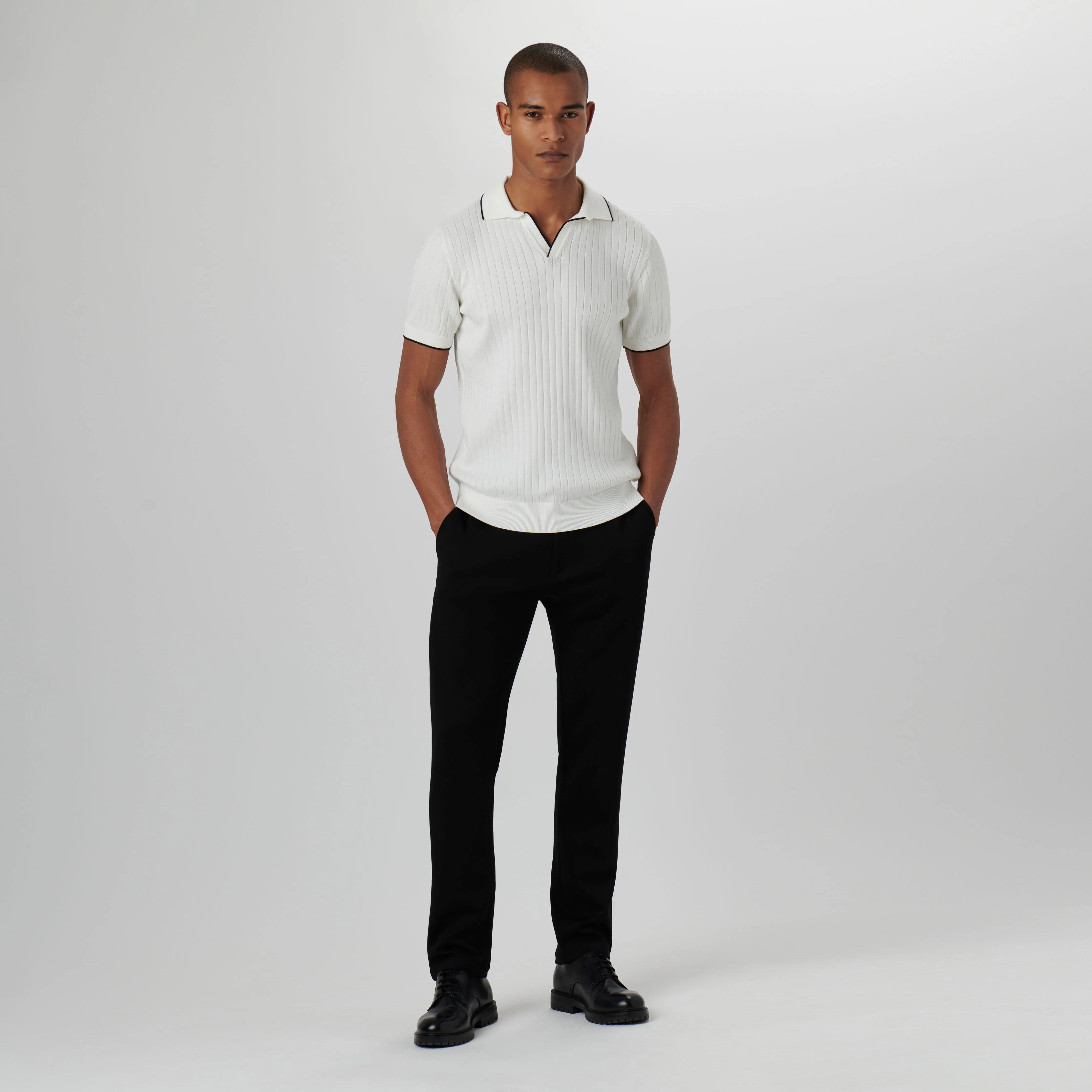 Rib Knit Short Sleeve Johnny Collar Sweater
