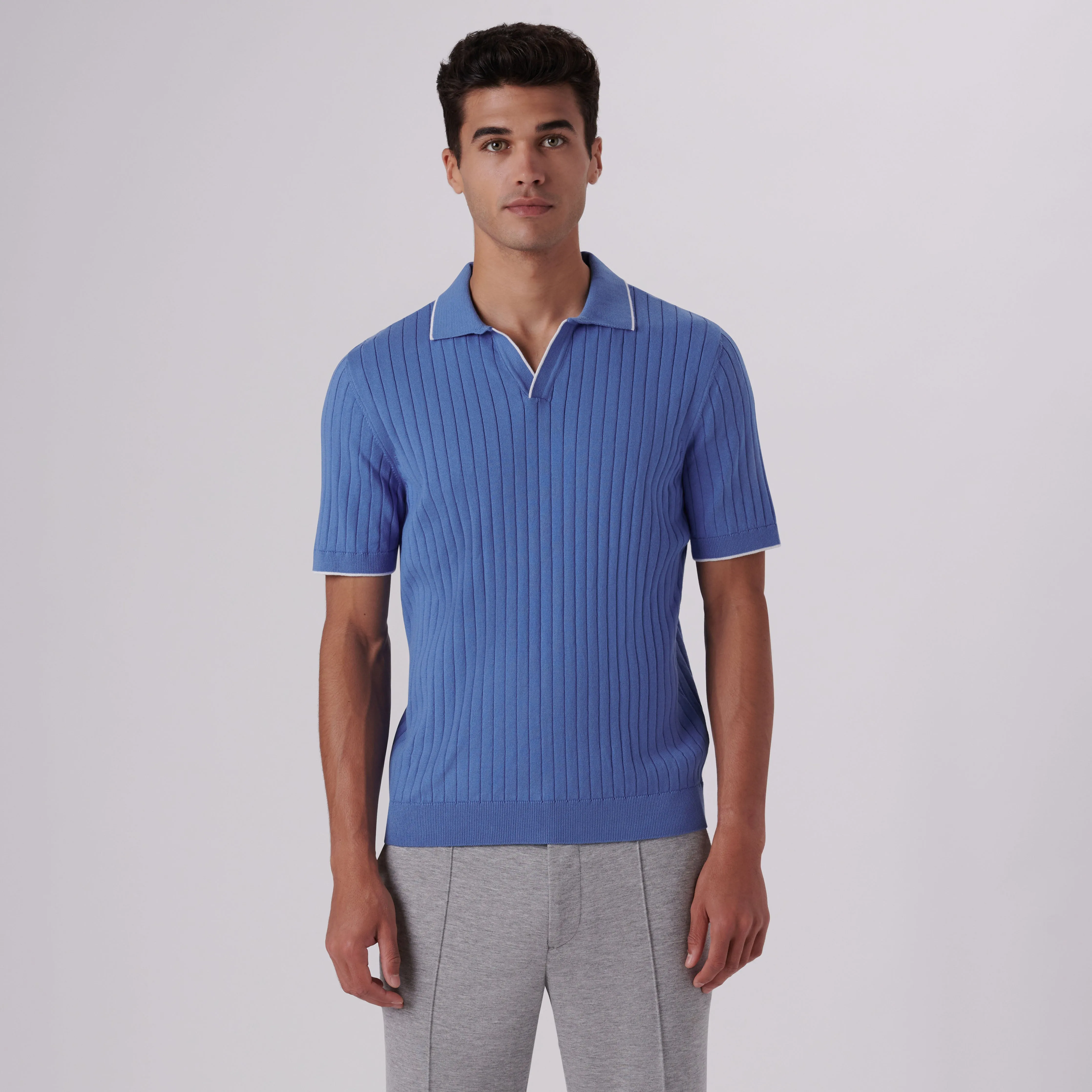 Rib Knit Short Sleeve Johnny Collar Sweater