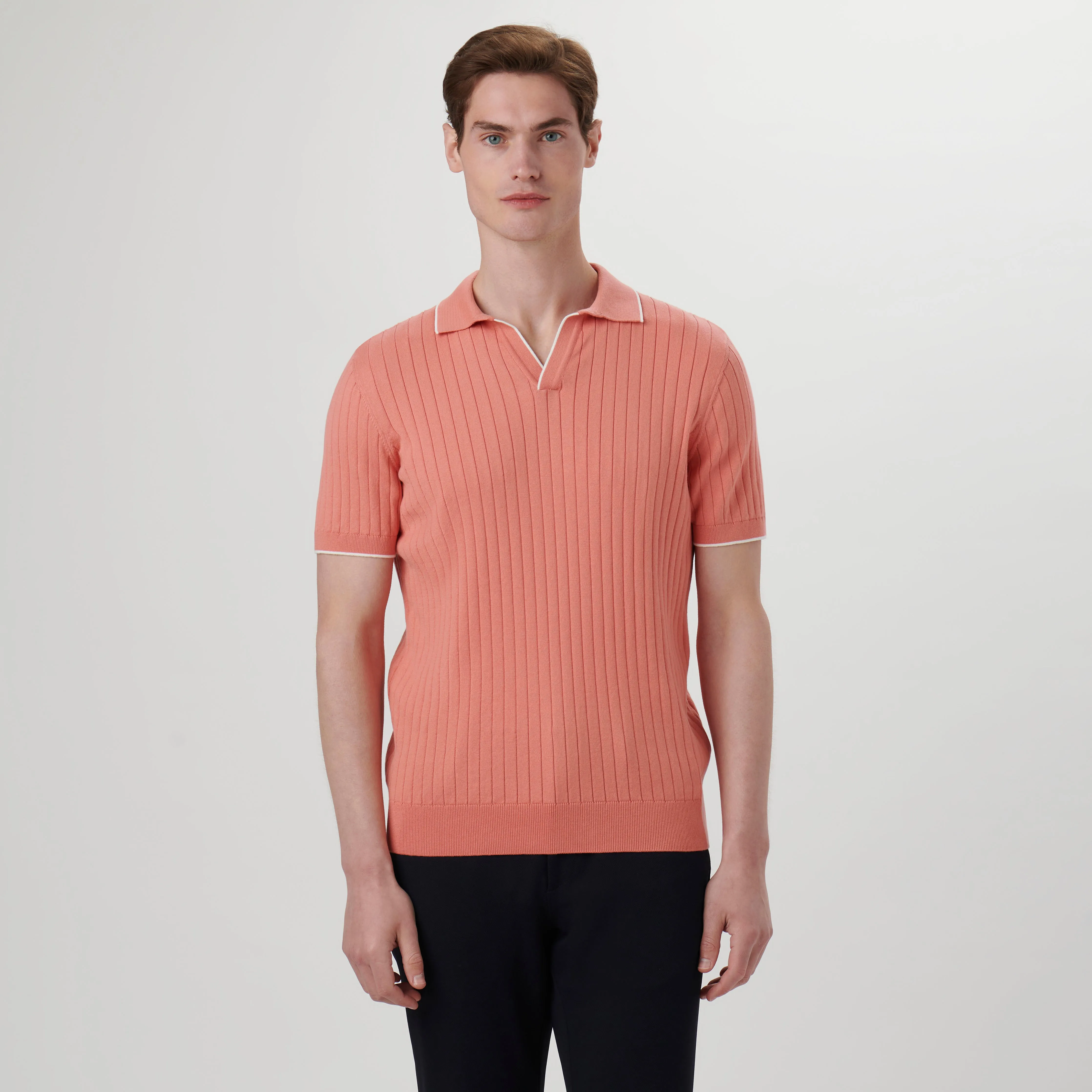 Rib Knit Short Sleeve Johnny Collar Sweater