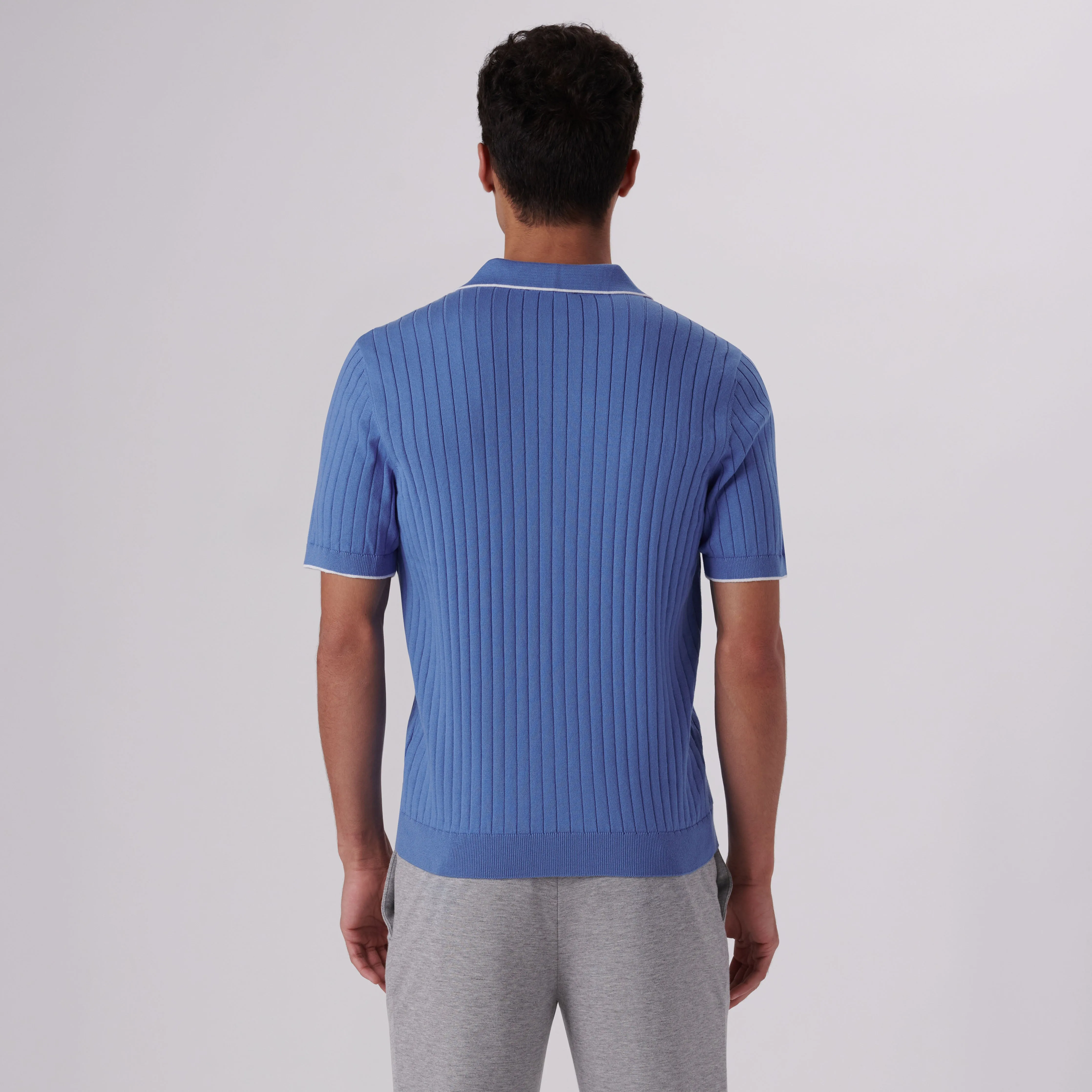 Rib Knit Short Sleeve Johnny Collar Sweater