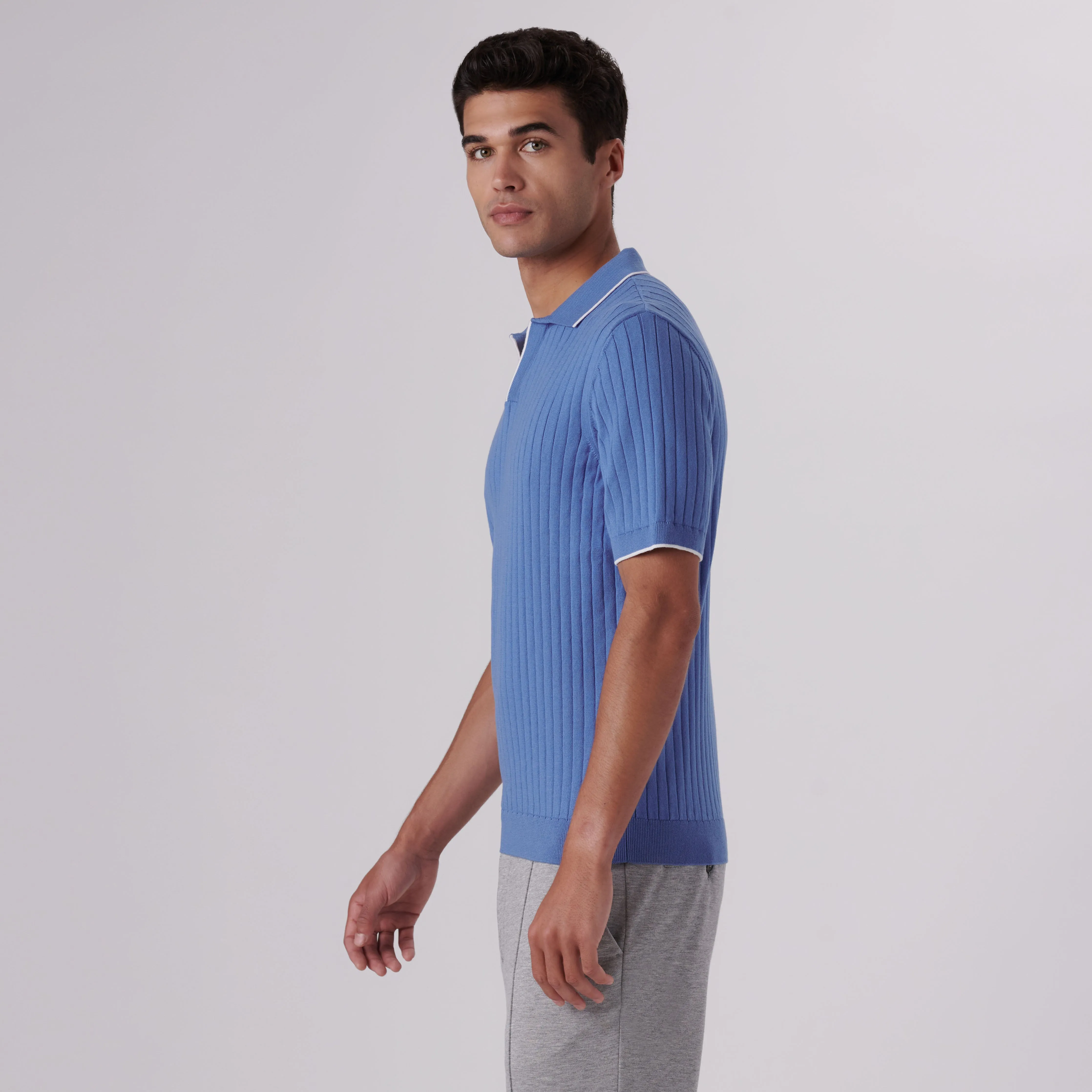 Rib Knit Short Sleeve Johnny Collar Sweater