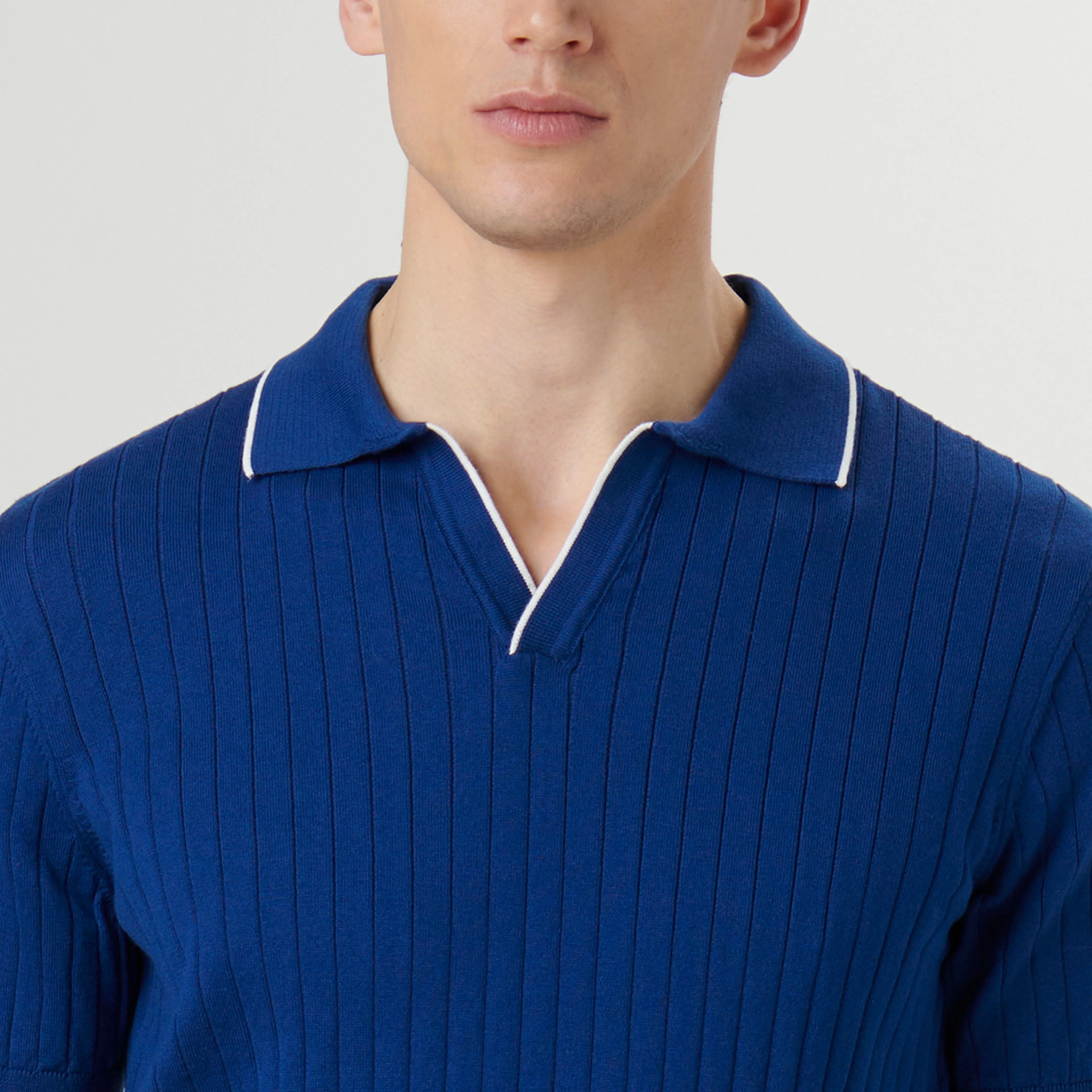 Rib Knit Short Sleeve Johnny Collar Sweater