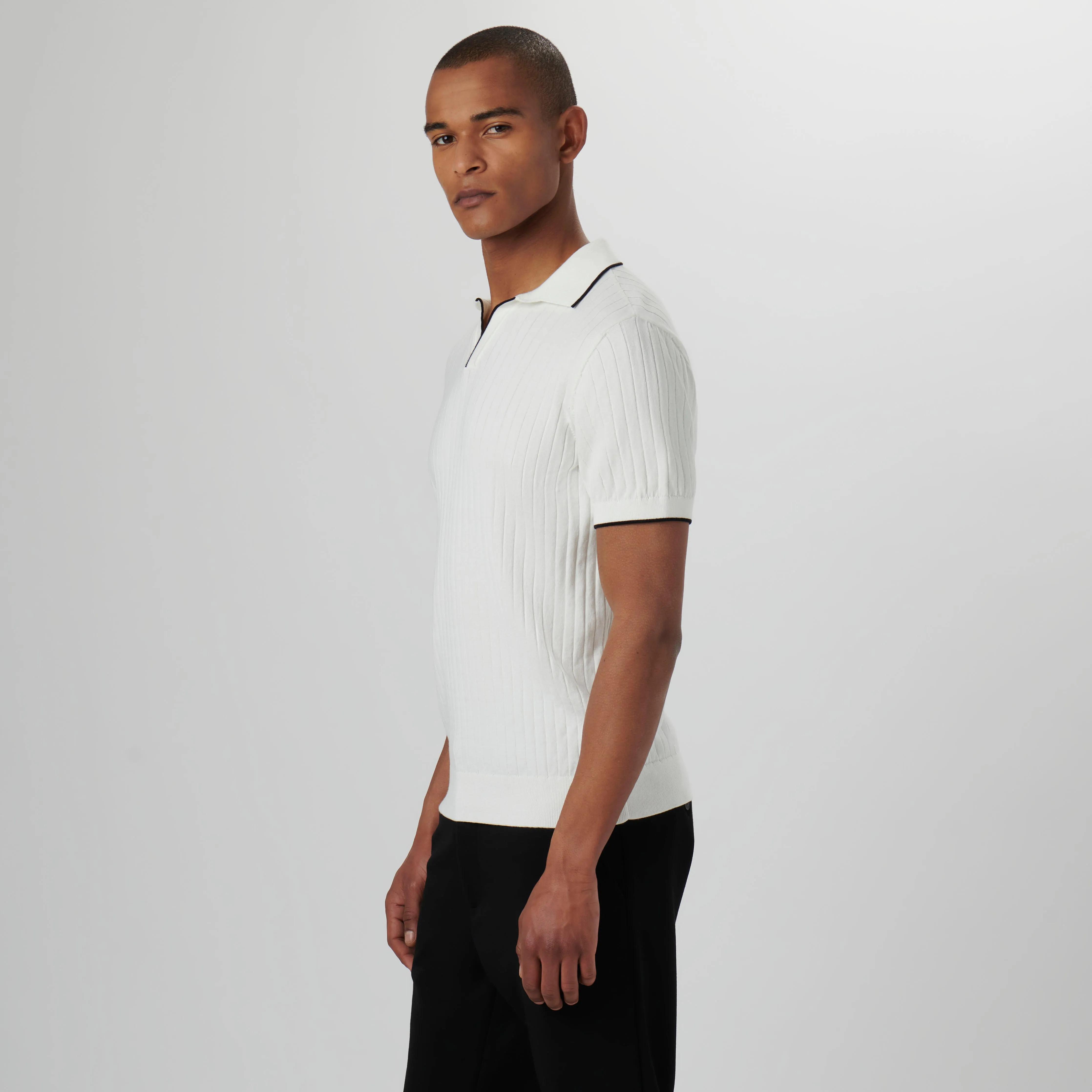 Rib Knit Short Sleeve Johnny Collar Sweater