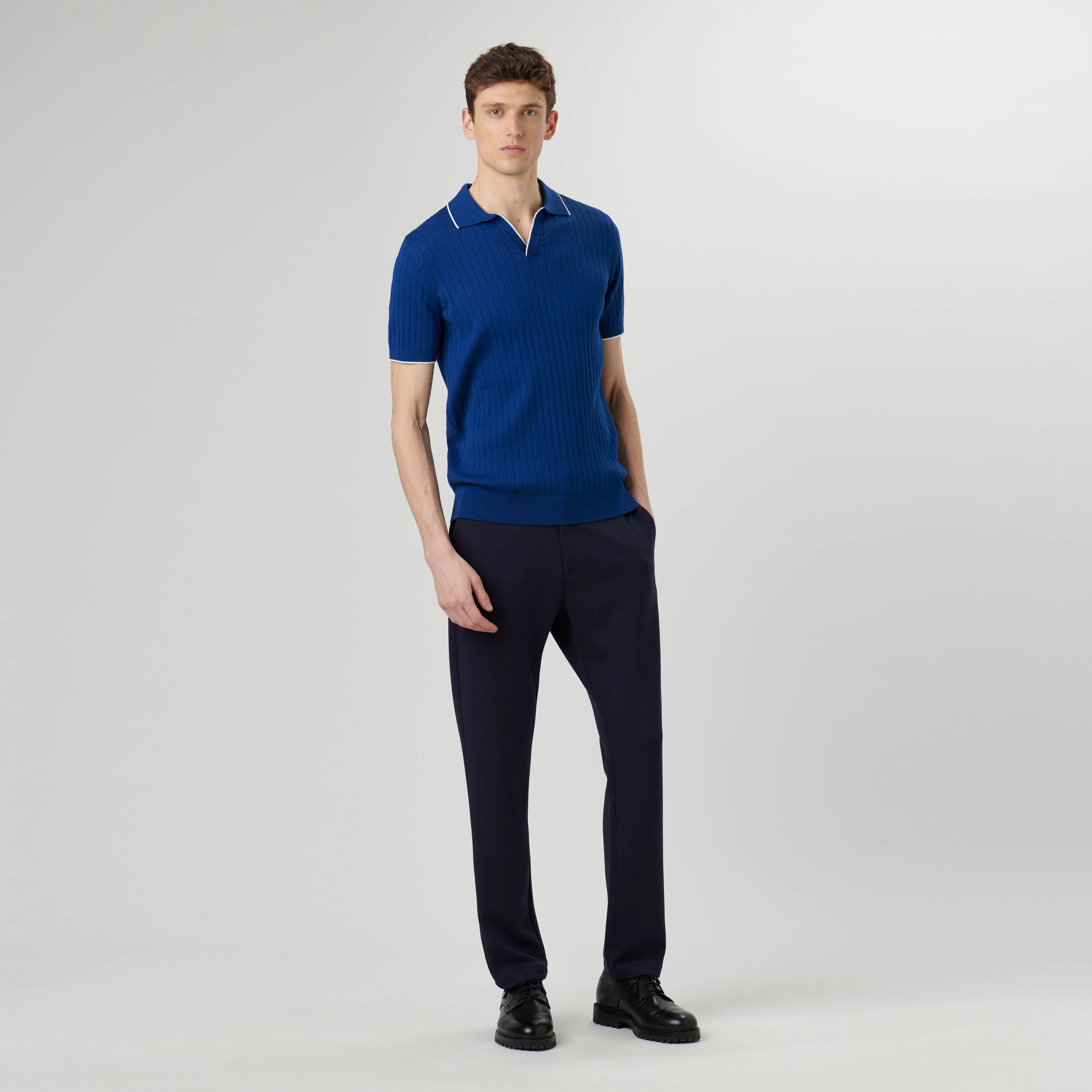 Rib Knit Short Sleeve Johnny Collar Sweater