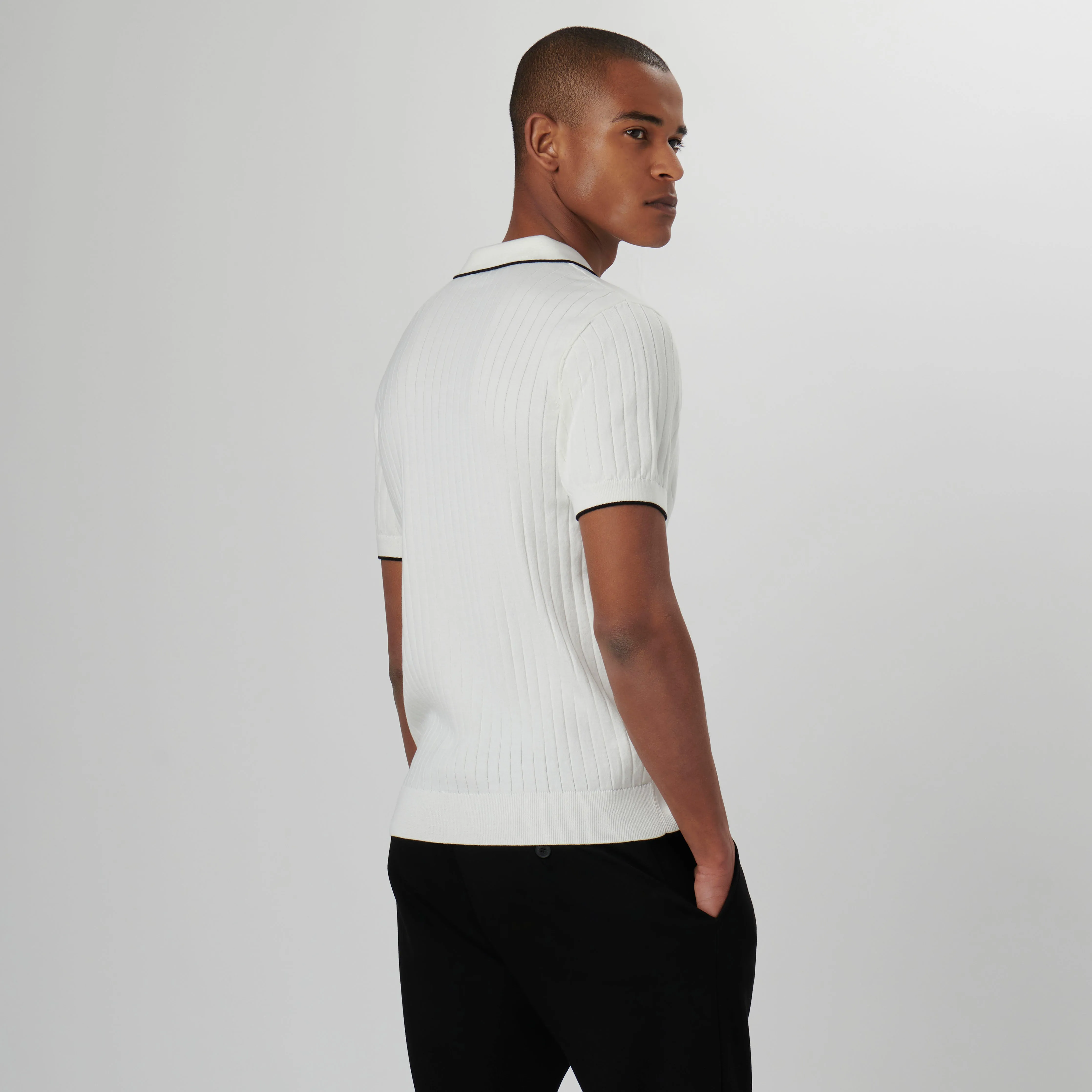Rib Knit Short Sleeve Johnny Collar Sweater