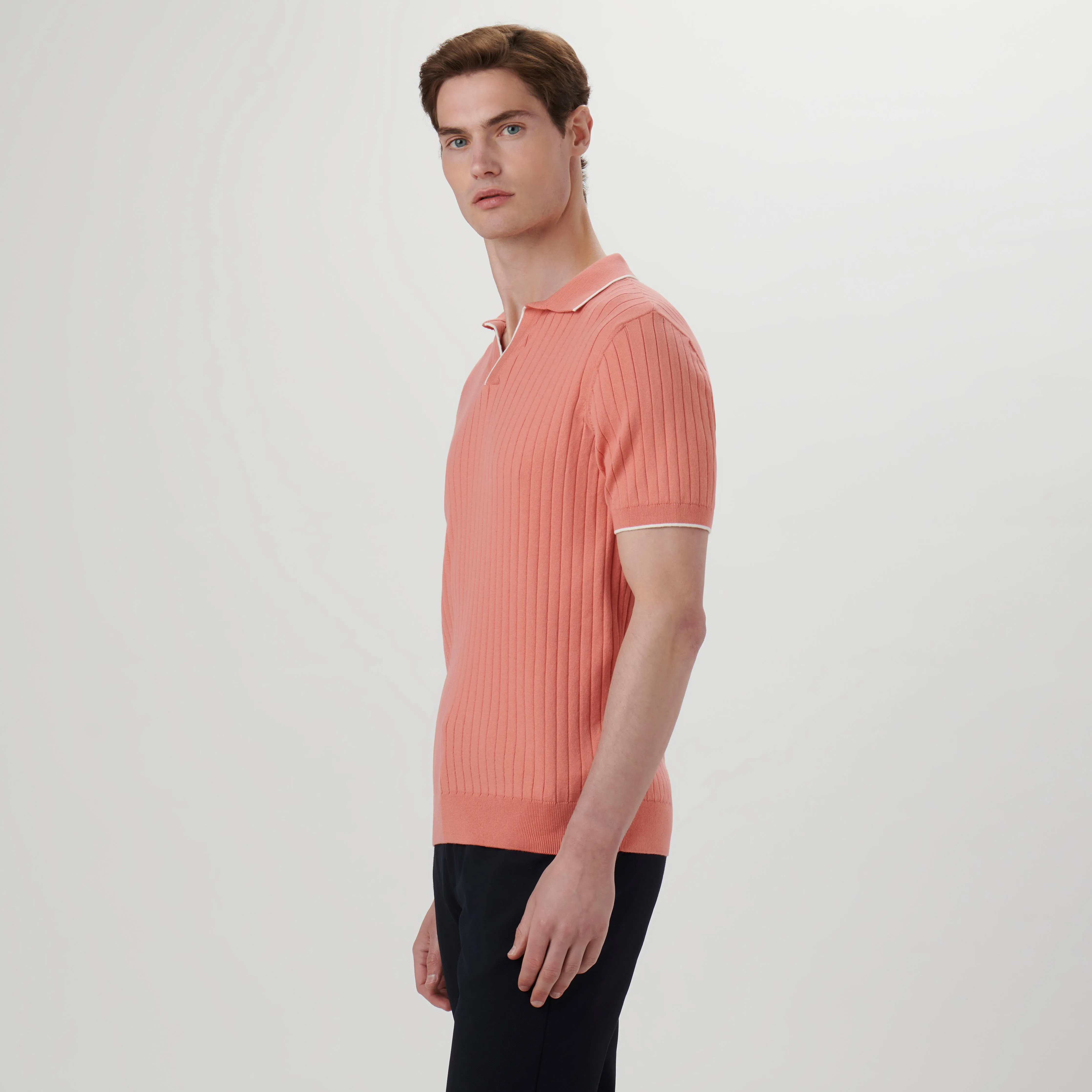 Rib Knit Short Sleeve Johnny Collar Sweater