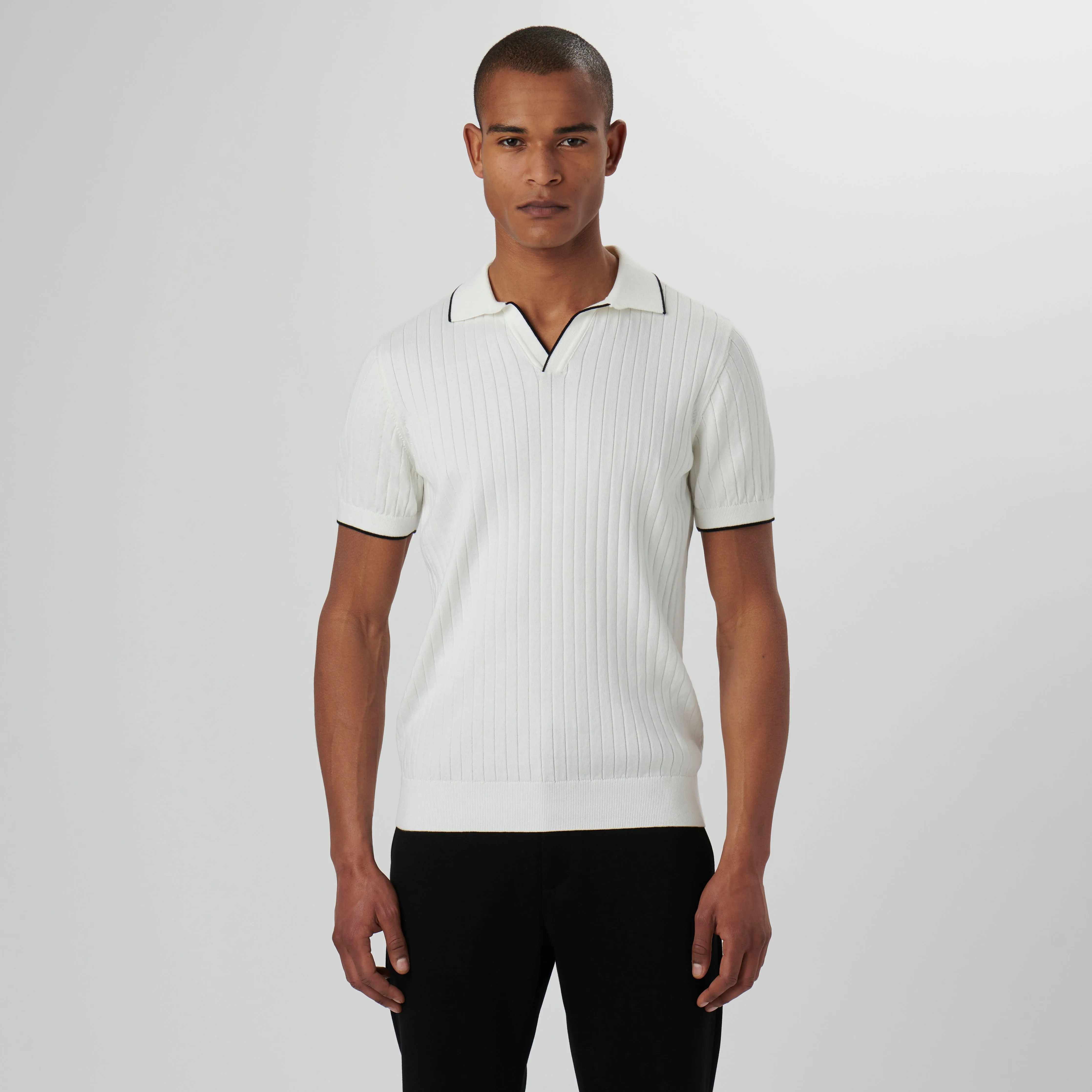 Rib Knit Short Sleeve Johnny Collar Sweater