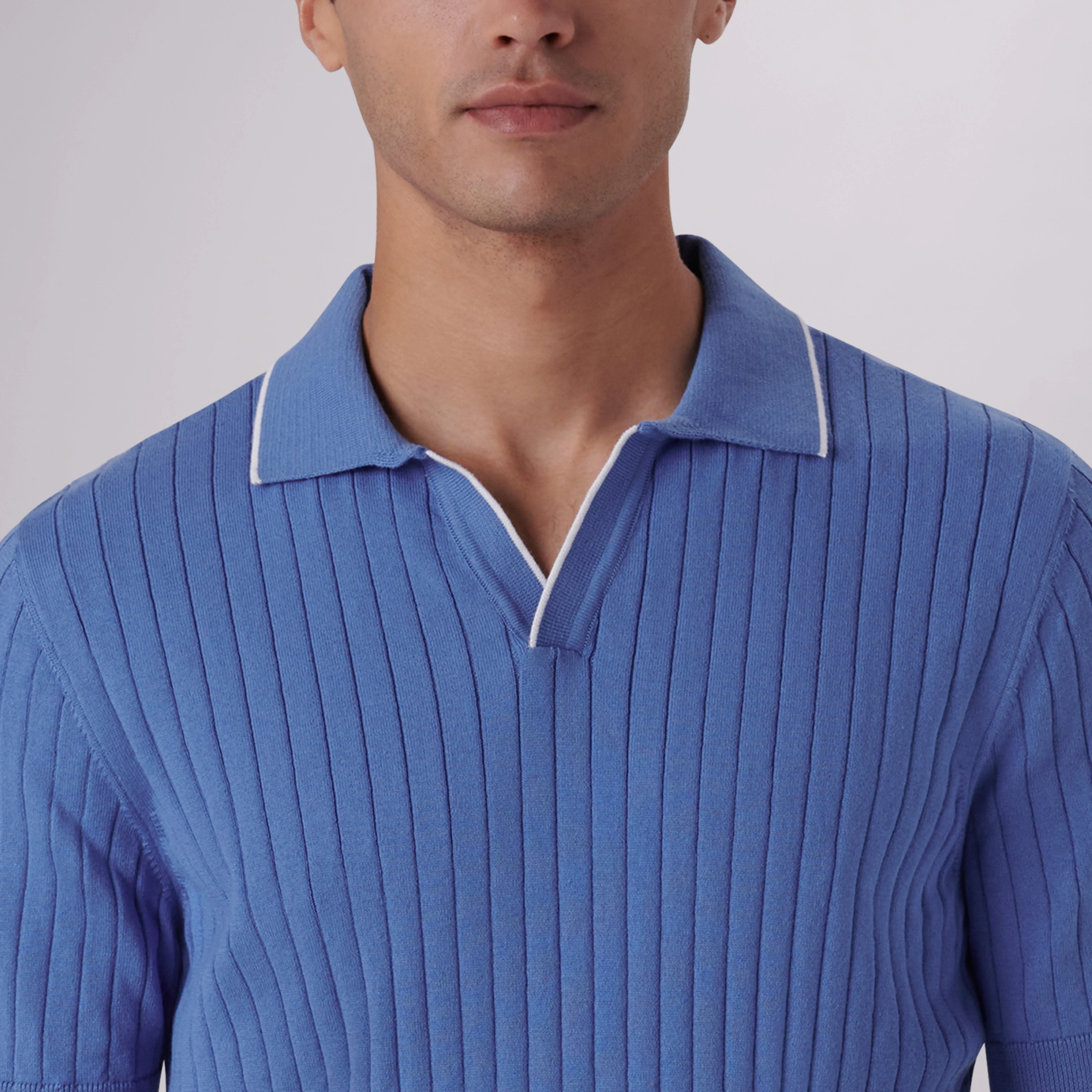 Rib Knit Short Sleeve Johnny Collar Sweater