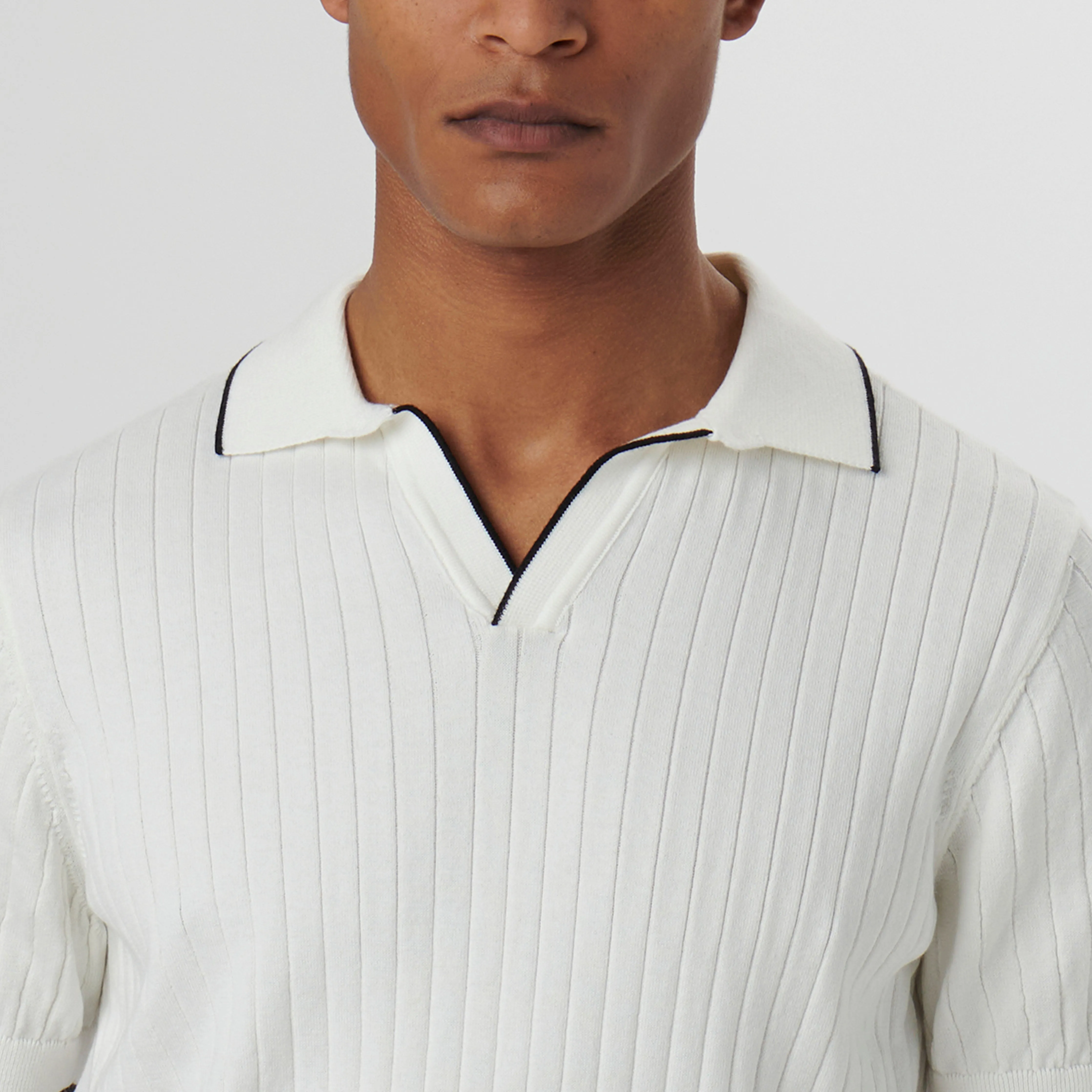 Rib Knit Short Sleeve Johnny Collar Sweater