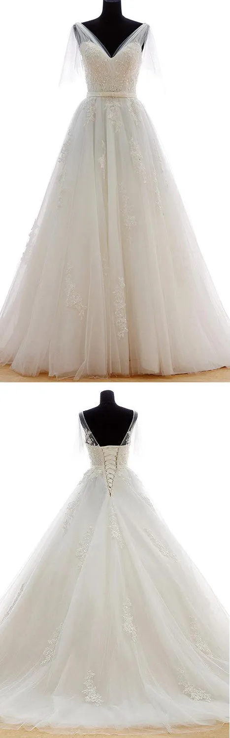 Romantic Long A-Line Tulle Wedding Dress With Heavy Embroidery-ET_711169