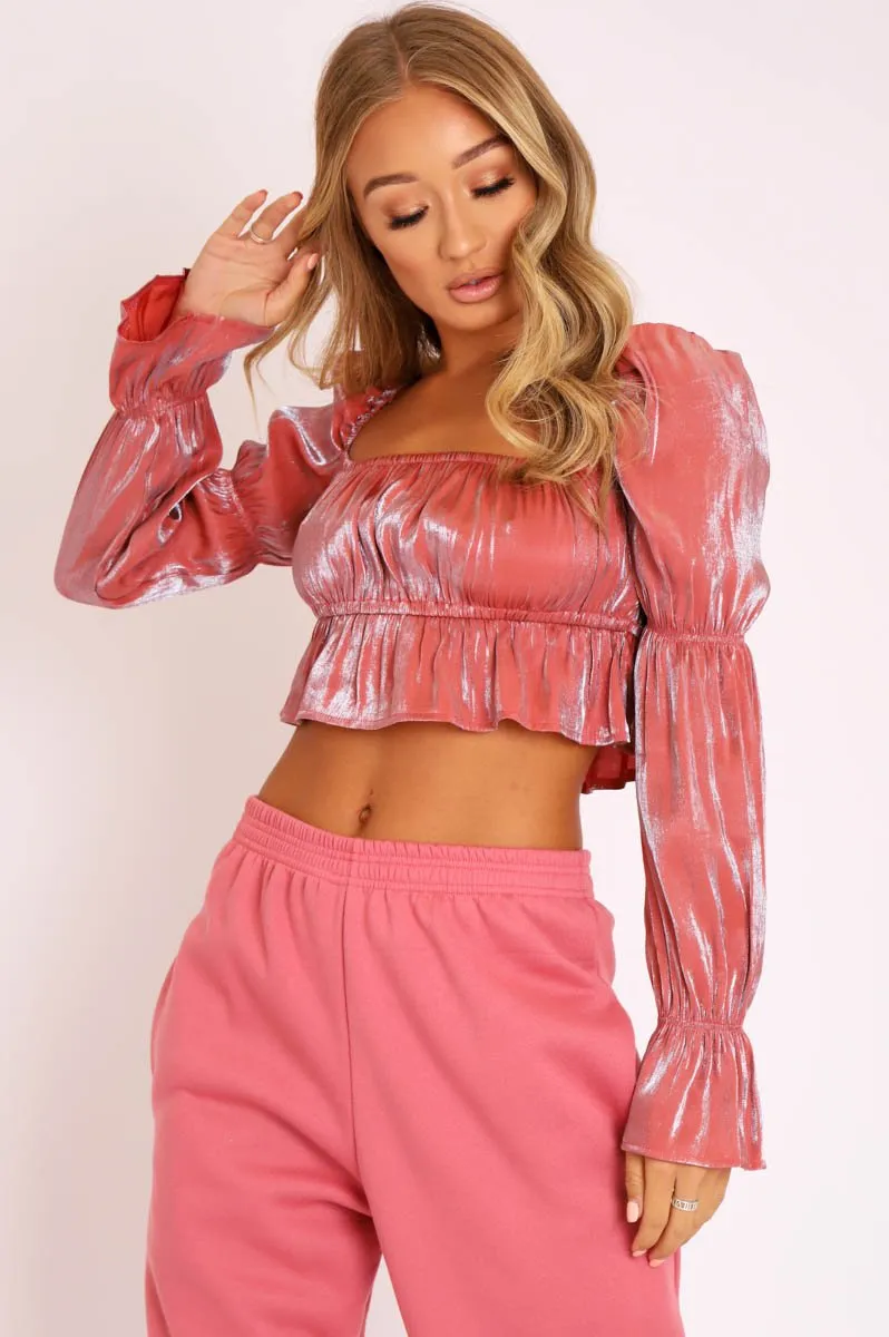 Rose Silver Metallic Square Neck Crop Top - Gabryelle