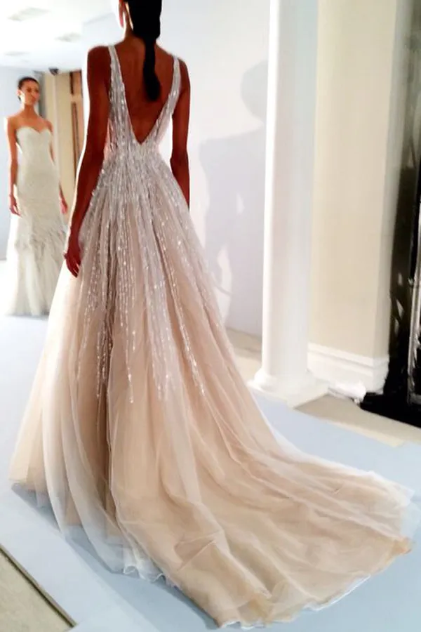 Roycebridal Gorgeous Ball Gown V-neck Open Back Beaded Long Wedding Dresses,MW465