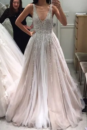 Roycebridal Gorgeous Ball Gown V-neck Open Back Beaded Long Wedding Dresses,MW465