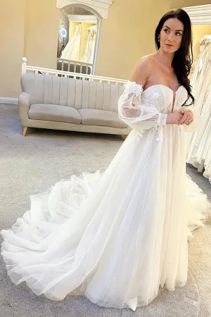 Roycebridal Tulle A-line Sweetheart Neck Wedding Dresses With Balloon Sleeves, MW949