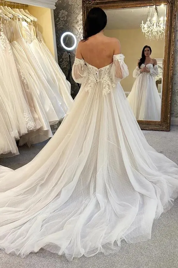 Roycebridal Tulle A-line Sweetheart Neck Wedding Dresses With Balloon Sleeves, MW949
