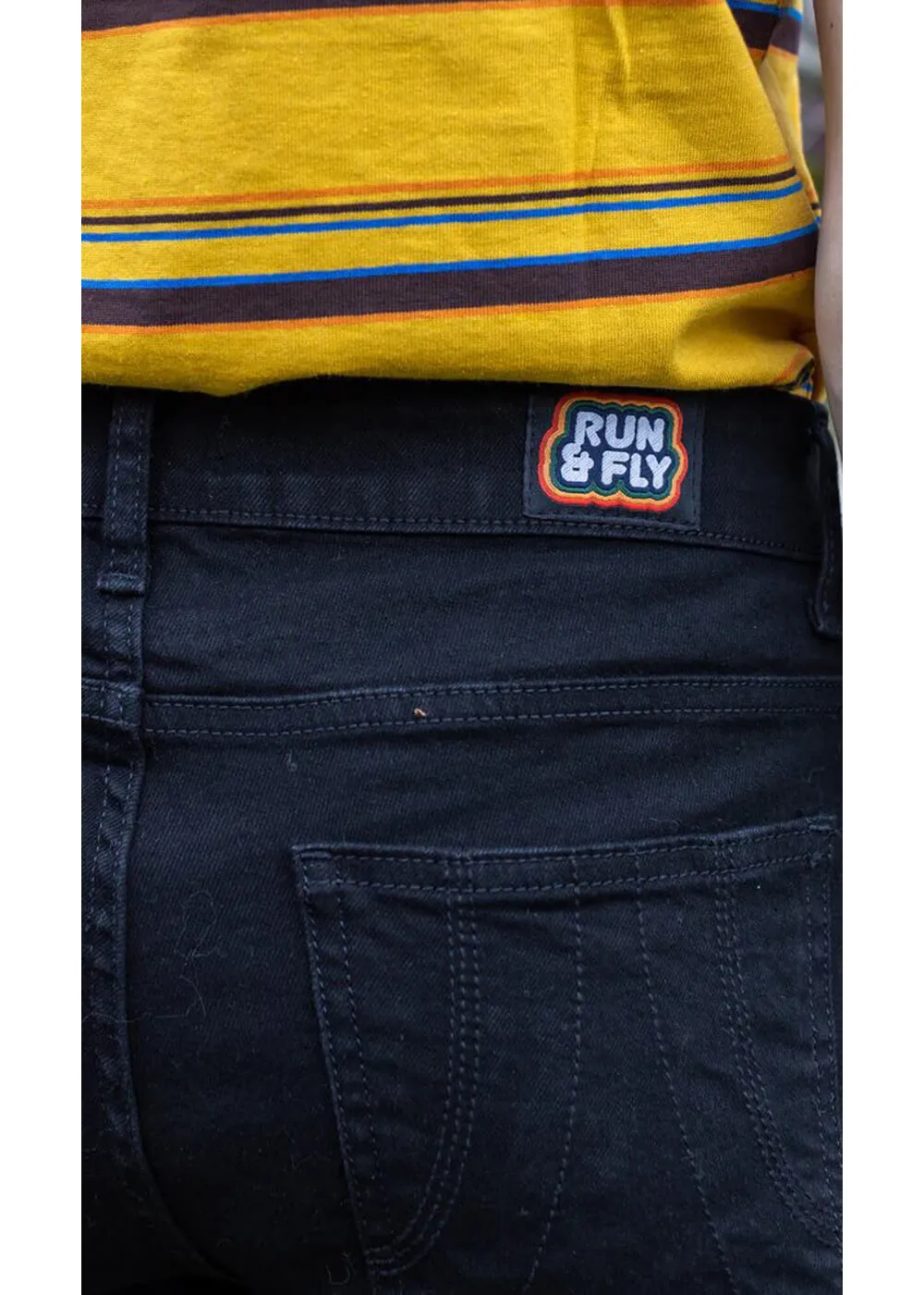 Run & Fly Mens Denim 70's Flare Trousers Black