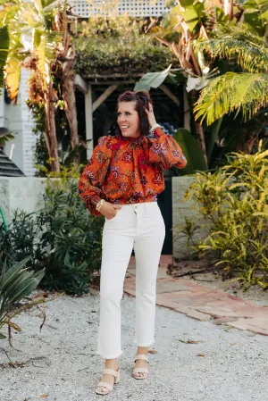 Rust Floral Printed Blouse with Slit Back