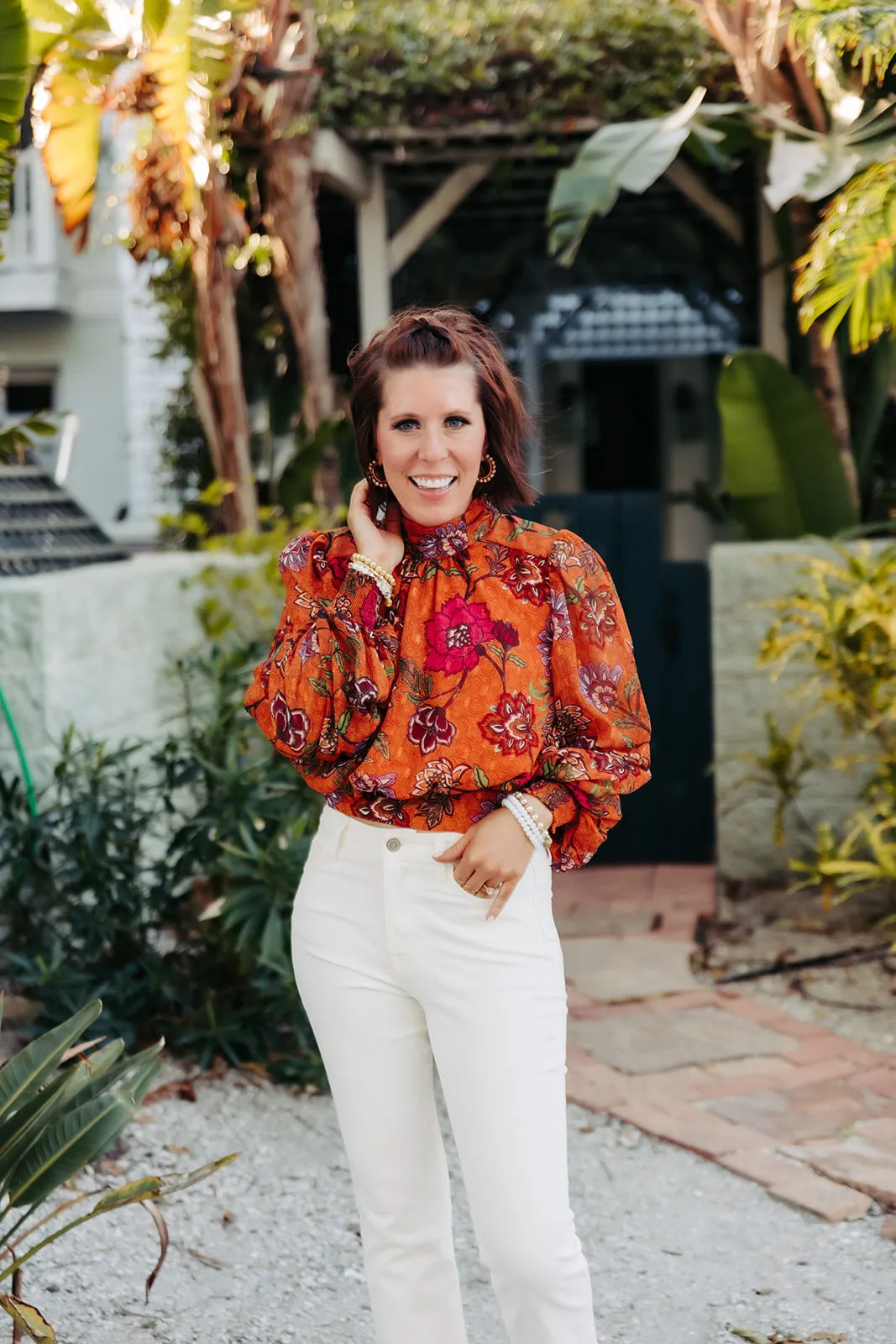 Rust Floral Printed Blouse with Slit Back