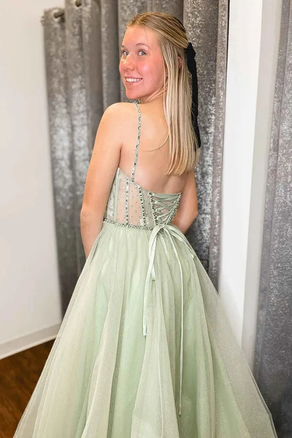 Sage Green Tulle A-line Spaghetti Straps Beaded Prom Dress, Party Dress, MP945