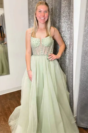 Sage Green Tulle A-line Spaghetti Straps Beaded Prom Dress, Party Dress, MP945