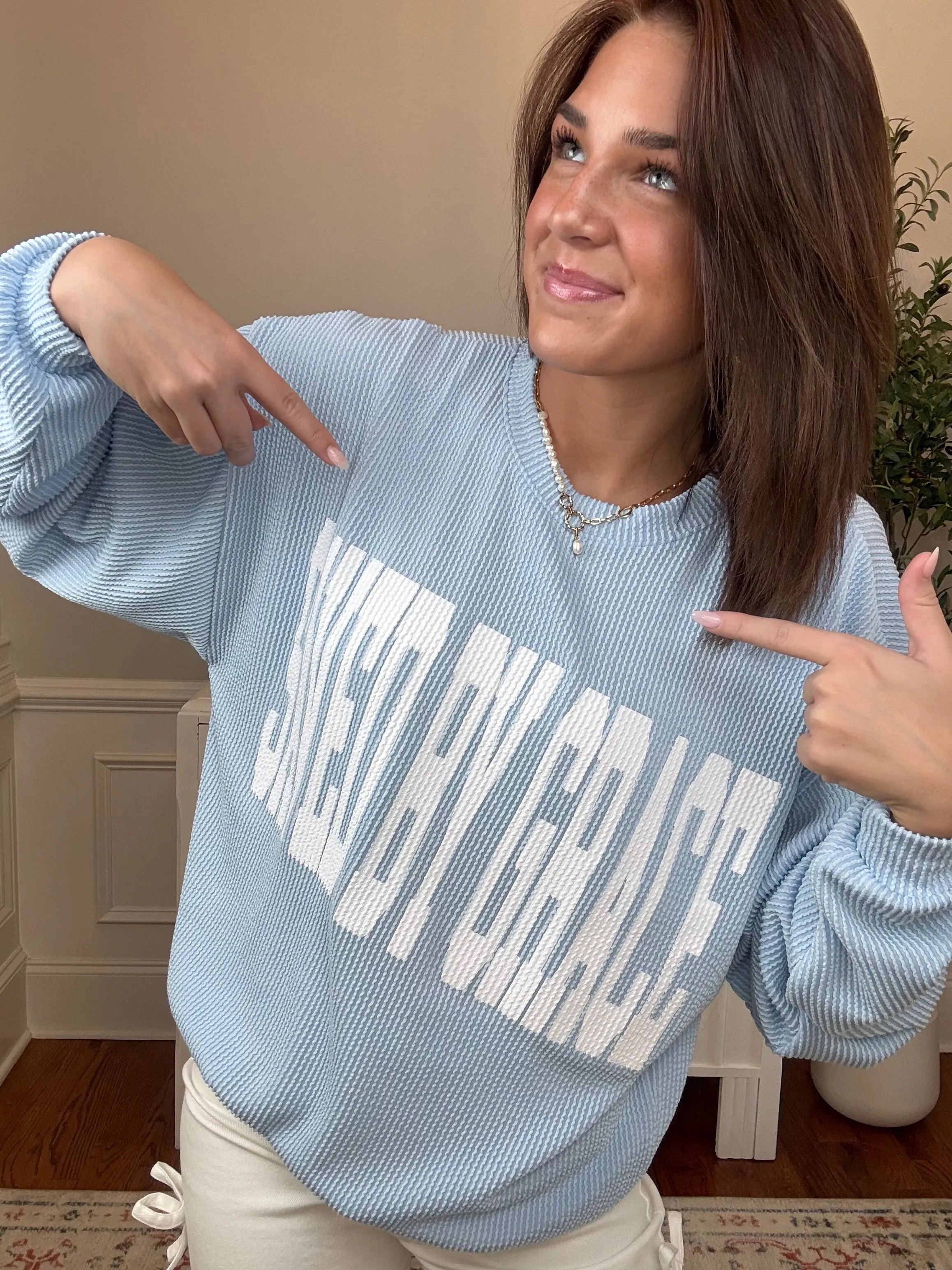 Saved By Grace Oversized Corded Pullover Top | Blue