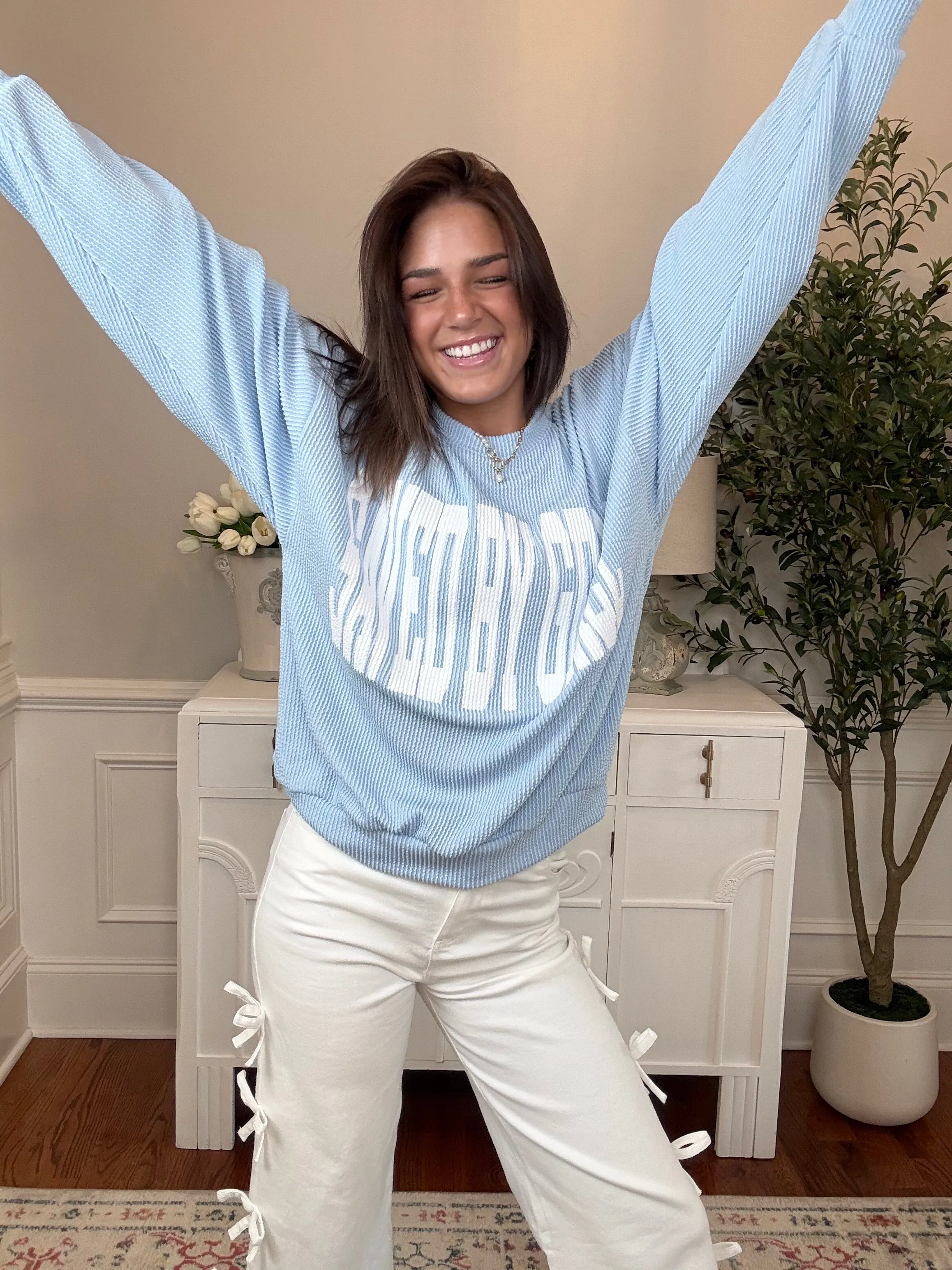 Saved By Grace Oversized Corded Pullover Top | Blue