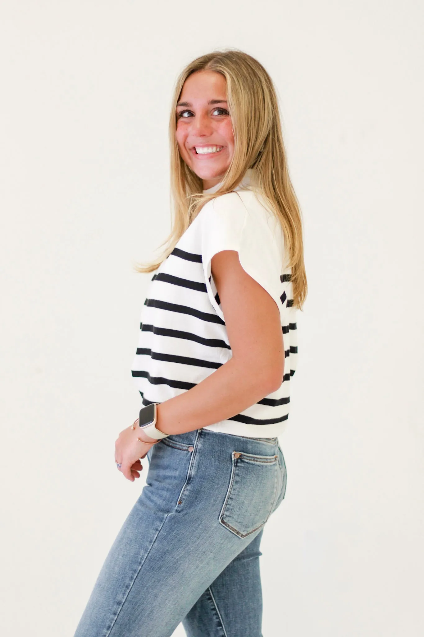 Seaside Charm Short Sleeve Striped Top in Off White