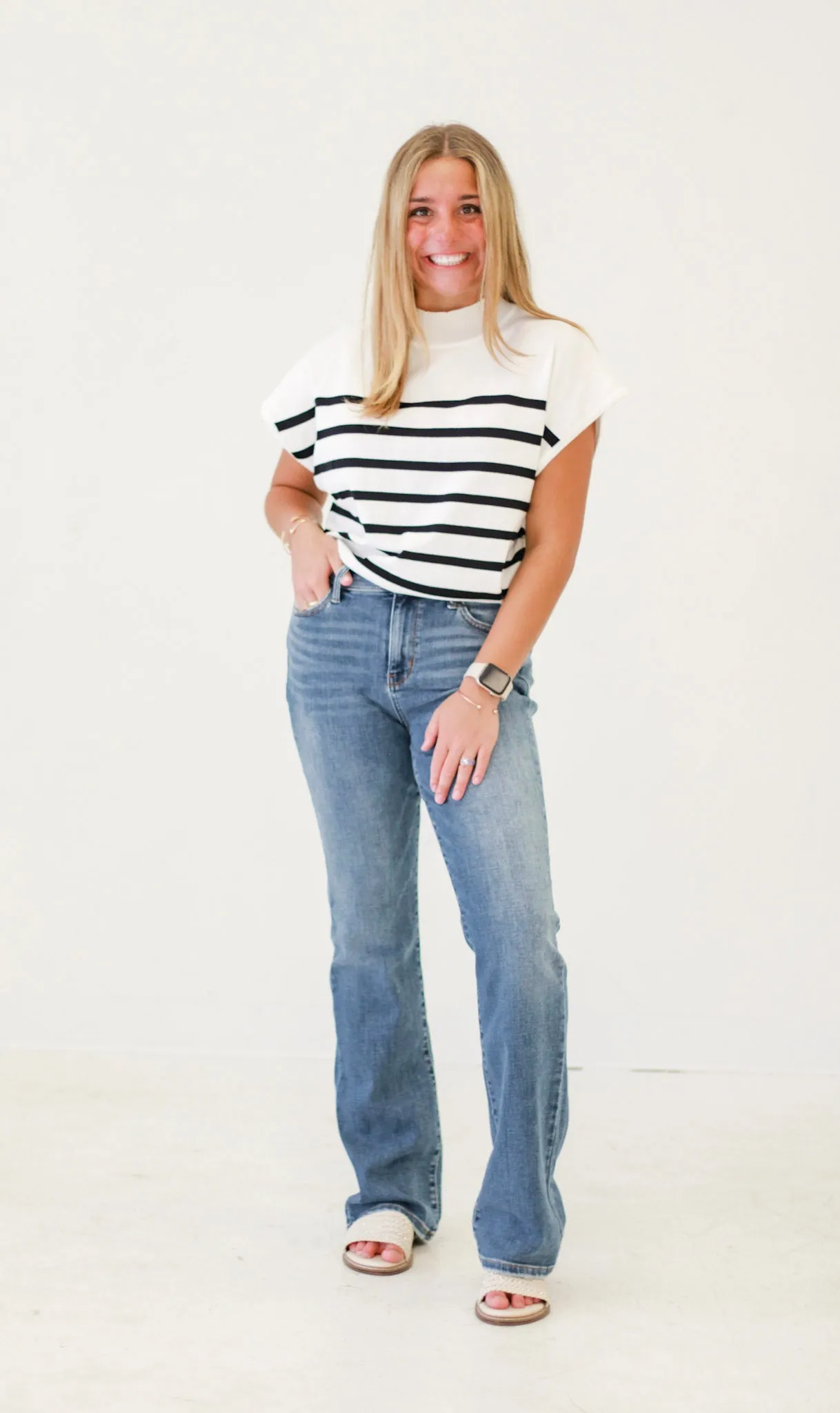 Seaside Charm Short Sleeve Striped Top in Off White