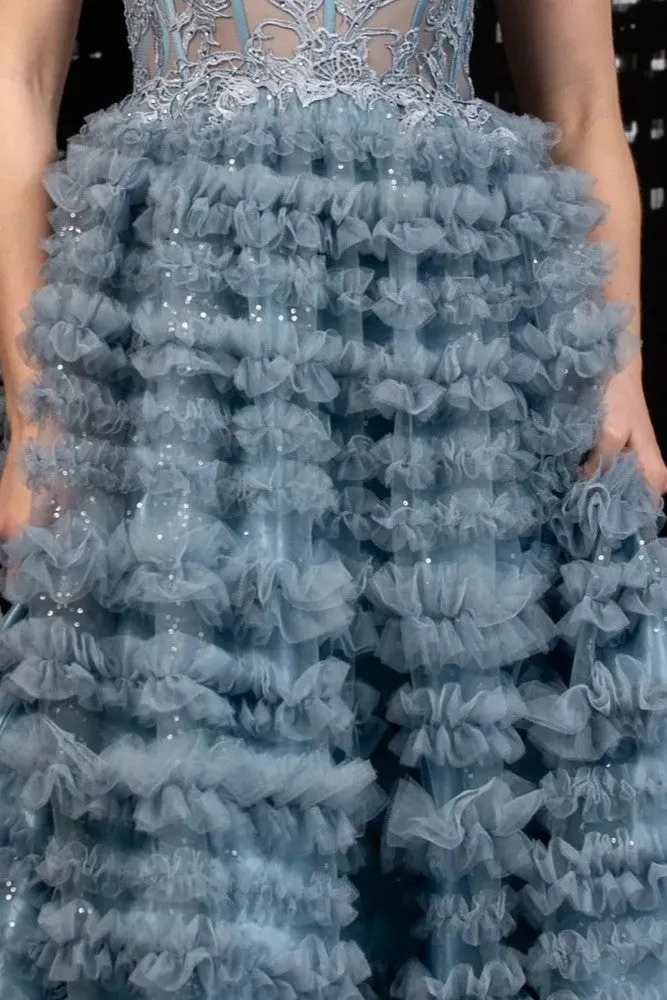 Sequin Ruffled Tulle with Applique Short Dress