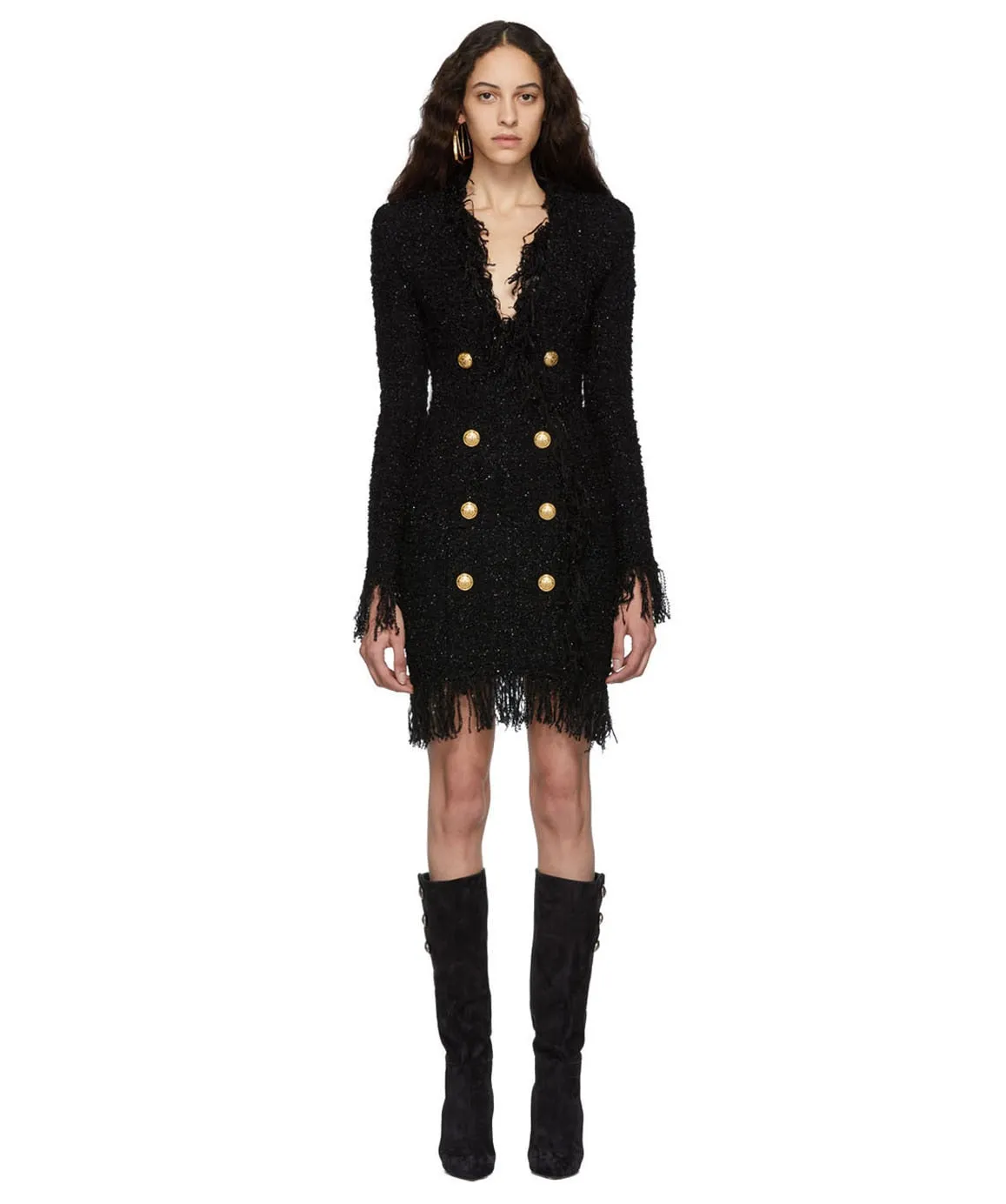 Sexy V-neck Double Breasted Tweed Slim Straight Tassel Dress