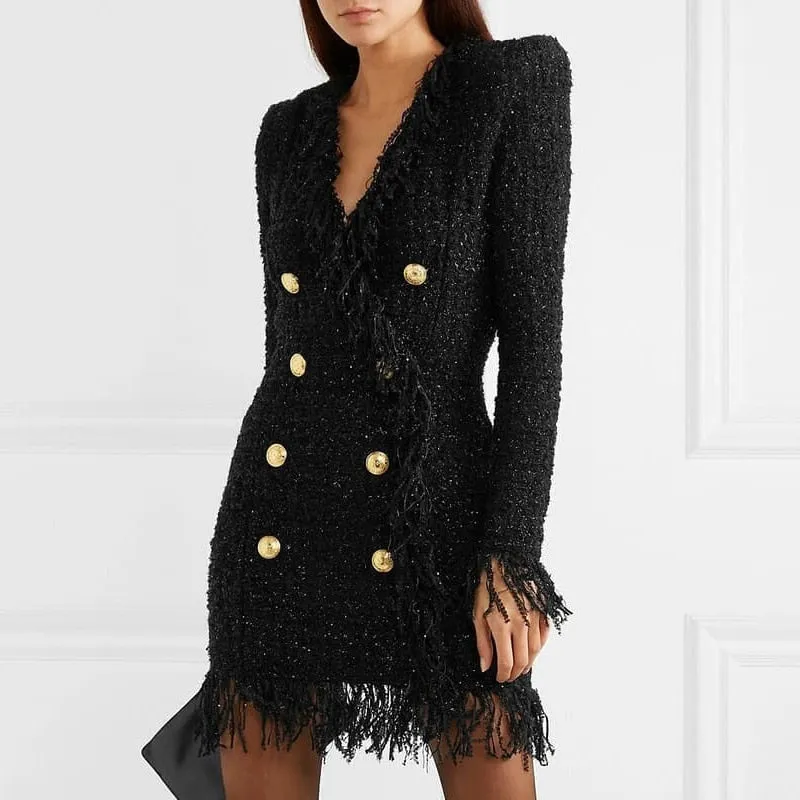 Sexy V-neck Double Breasted Tweed Slim Straight Tassel Dress