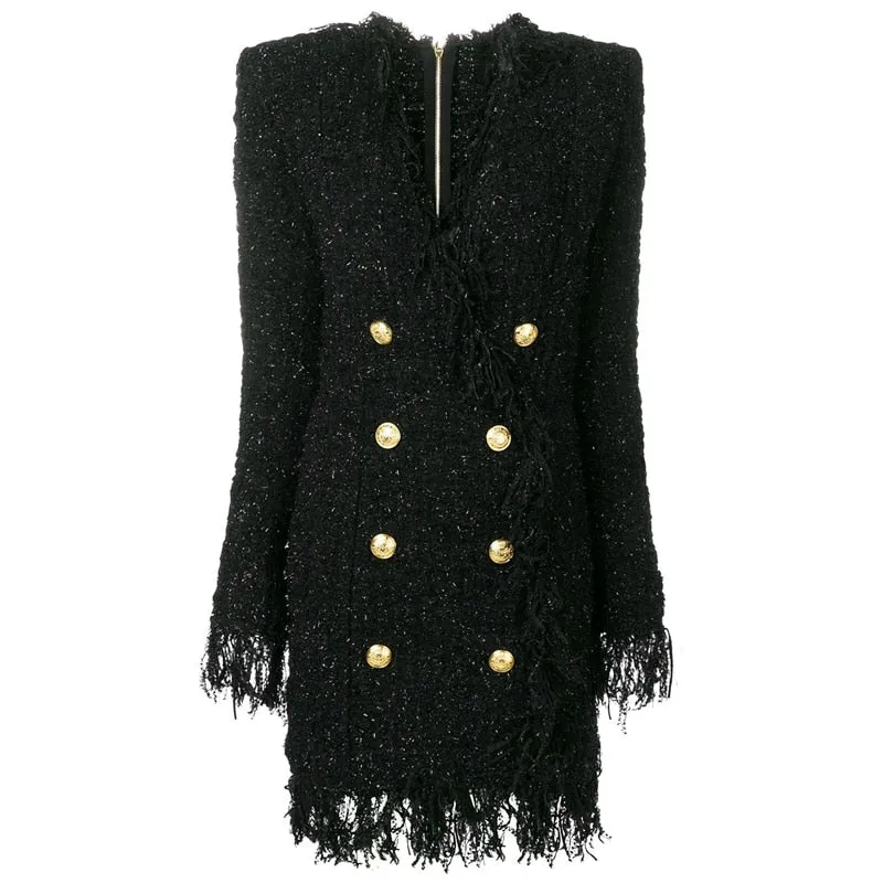 Sexy V-neck Double Breasted Tweed Slim Straight Tassel Dress