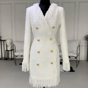 Sexy V-neck Double Breasted Tweed Slim Straight Tassel Dress