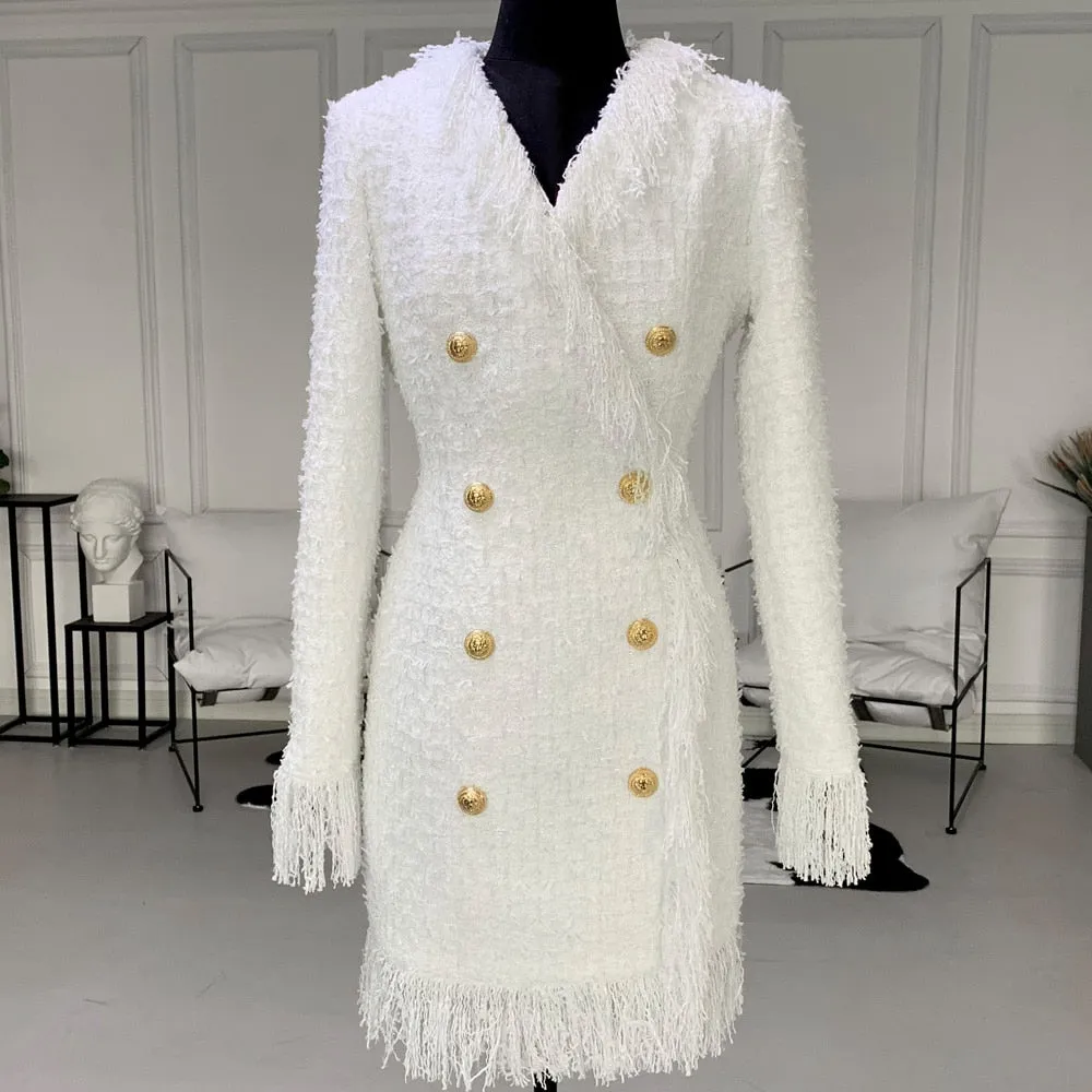 Sexy V-neck Double Breasted Tweed Slim Straight Tassel Dress