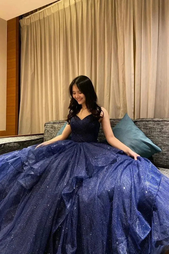 Shiny V Neck Navy Blue Tulle Long Prom Dresses, Navy Blue Formal Evening Dresses Long, Ball Gown