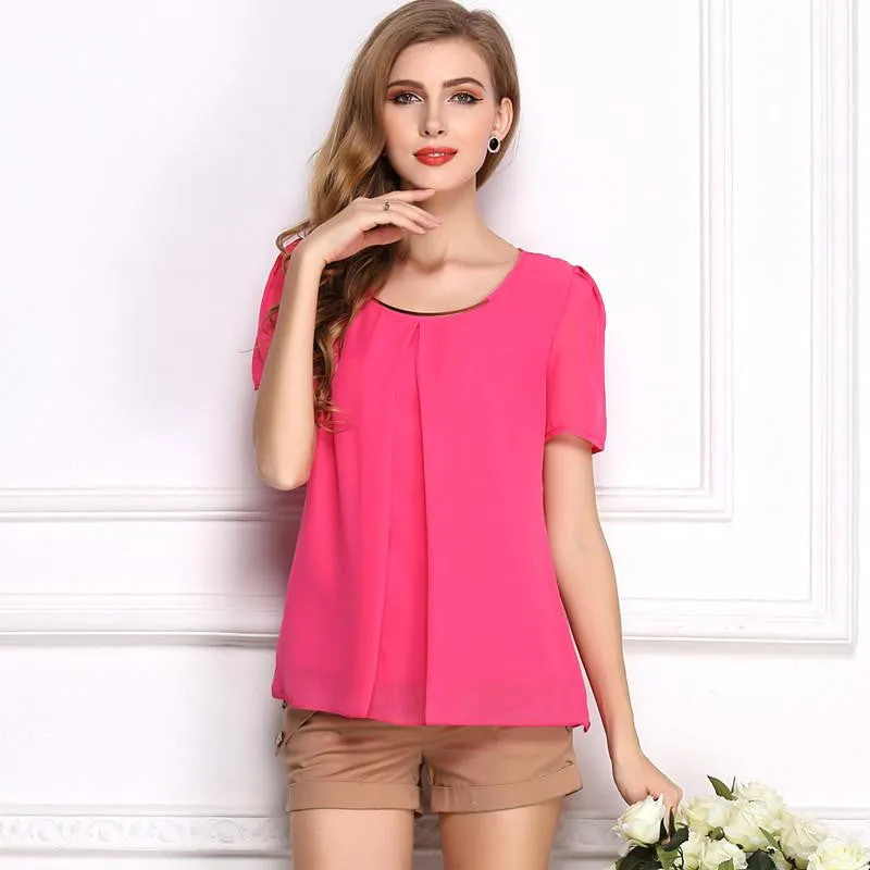 Shirt Female Fashion Plus Size Women Clothing Solid Chiffon Shirt Short-Sleeved Blouse Blouses