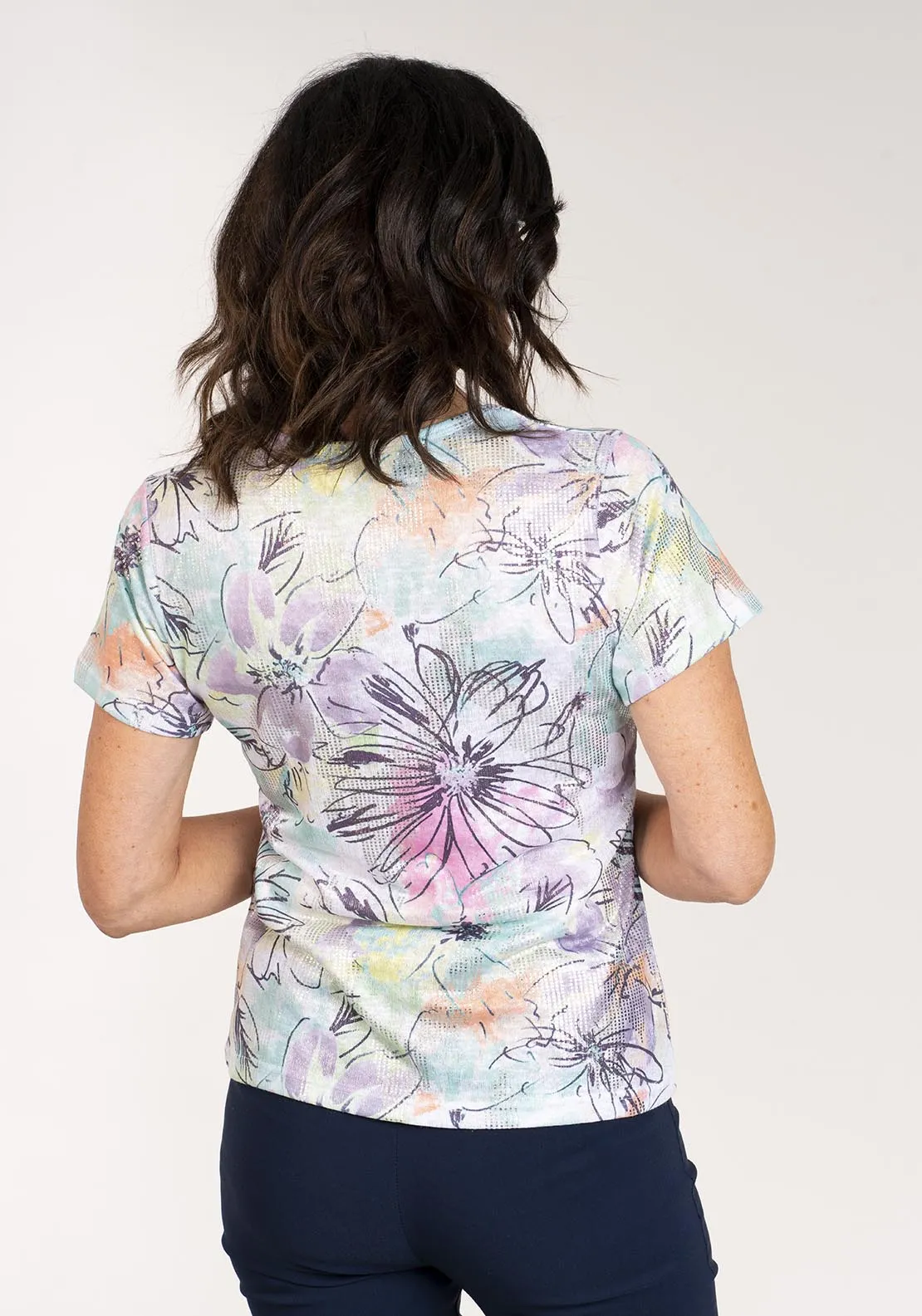Short Sleeve Foil Print T-Shirt -Floral Green - Green