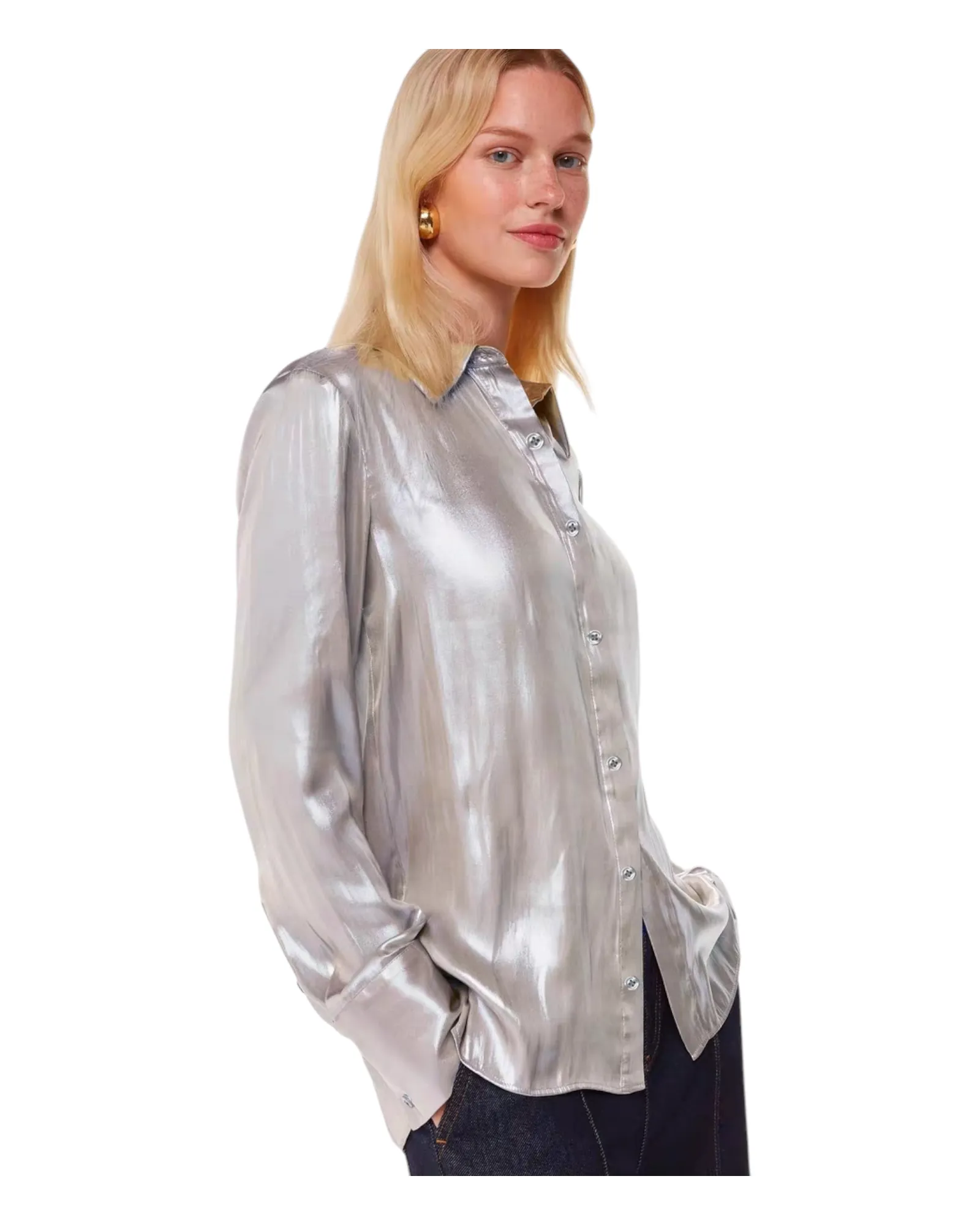 Silver Metallic Collared Button-Up Shirt