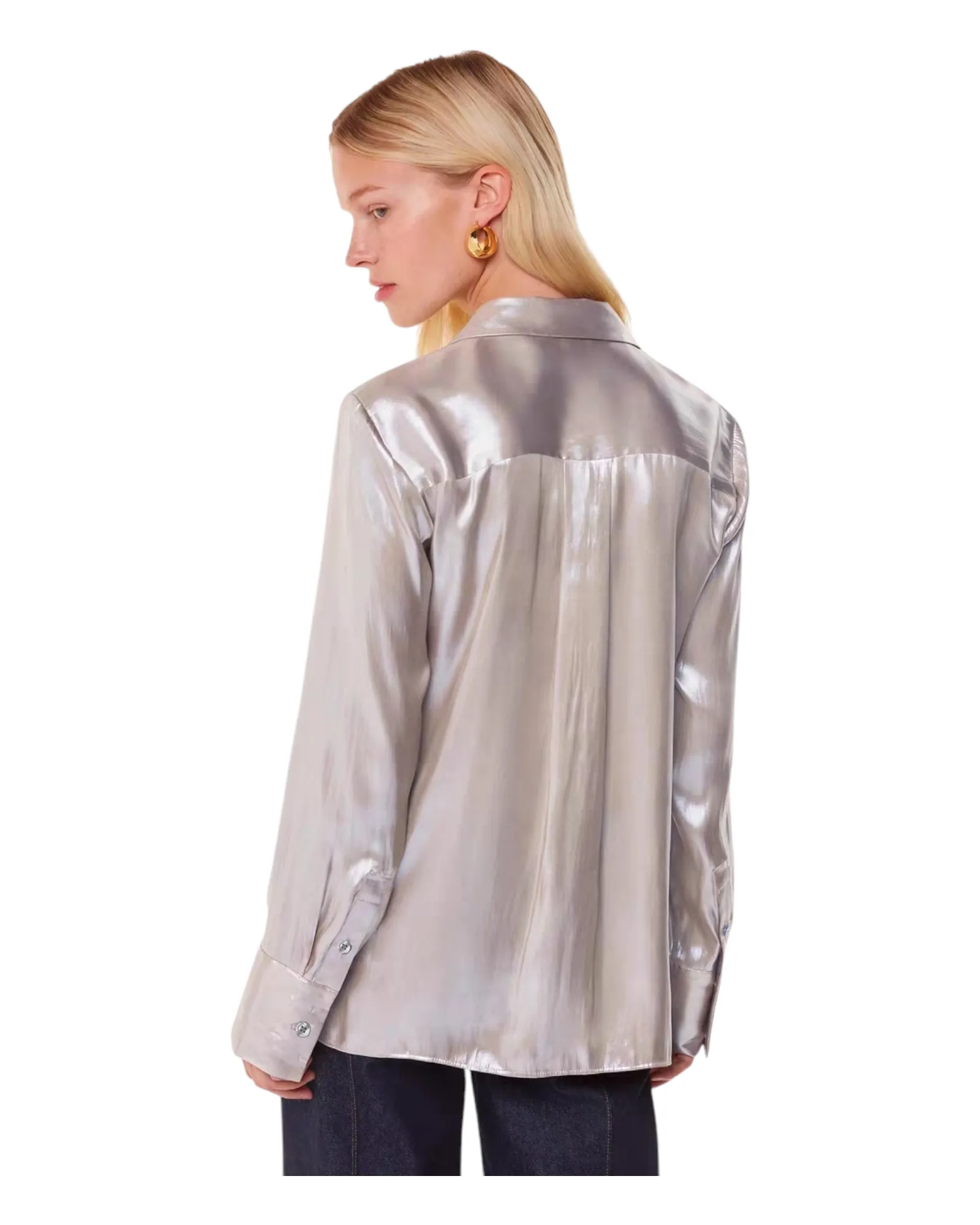 Silver Metallic Collared Button-Up Shirt