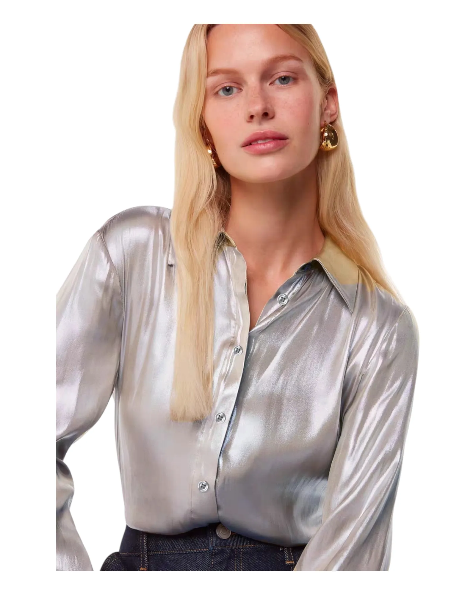 Silver Metallic Collared Button-Up Shirt