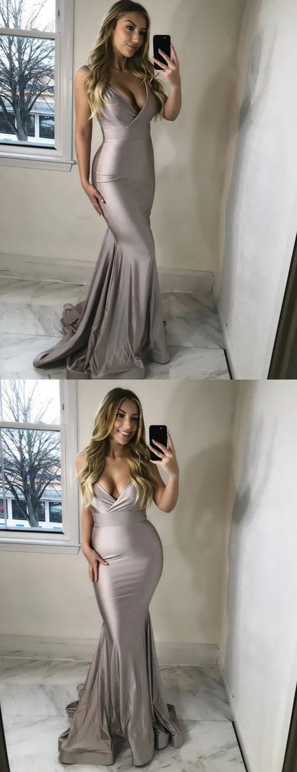 Silver Spaghetti Strap Mermaid V-neck Sexy Charming Prom Dresses.PD00246