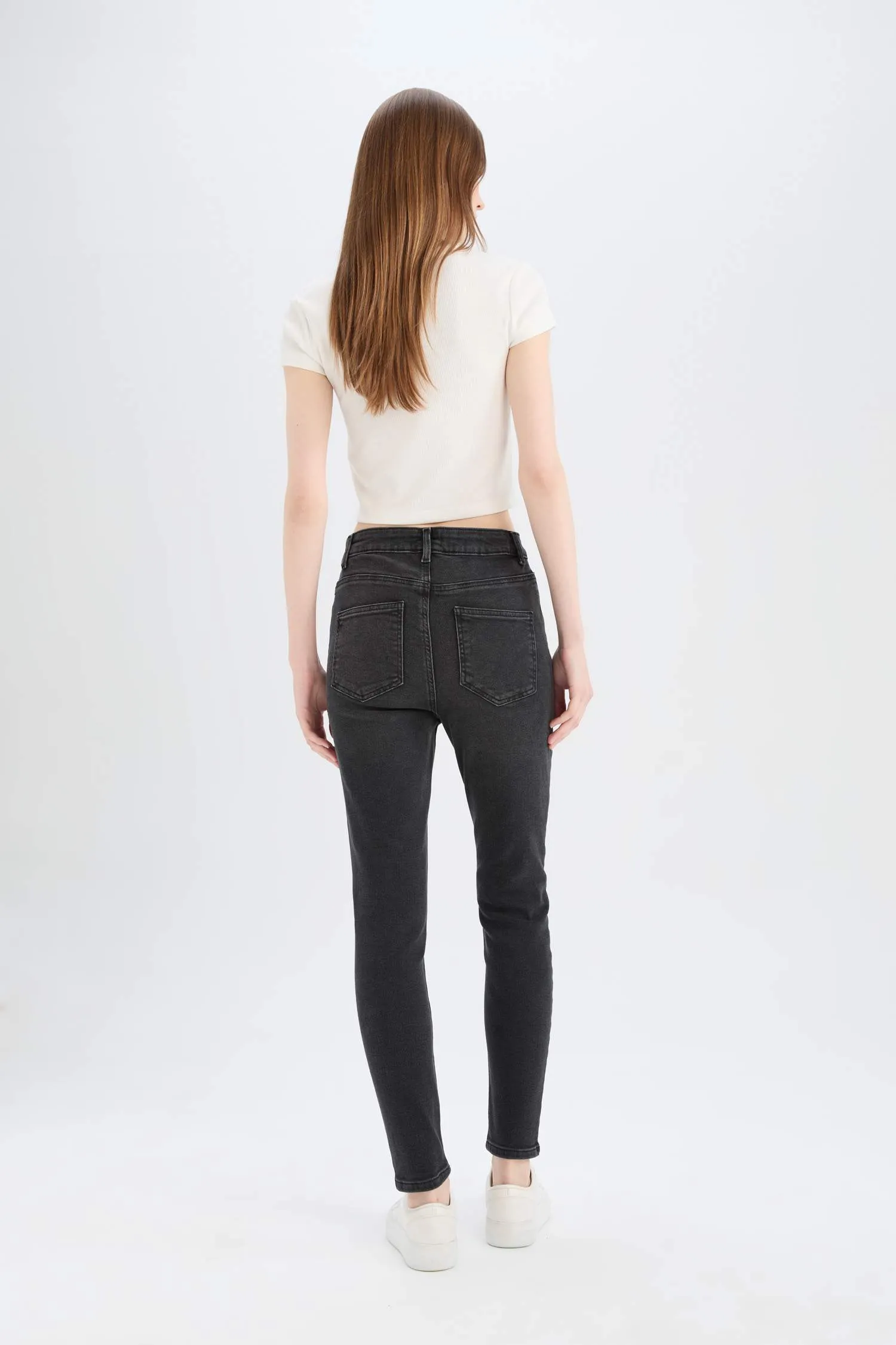 Skinny Fit High Waist Straight Leg Long Jean Snow Wash Pants