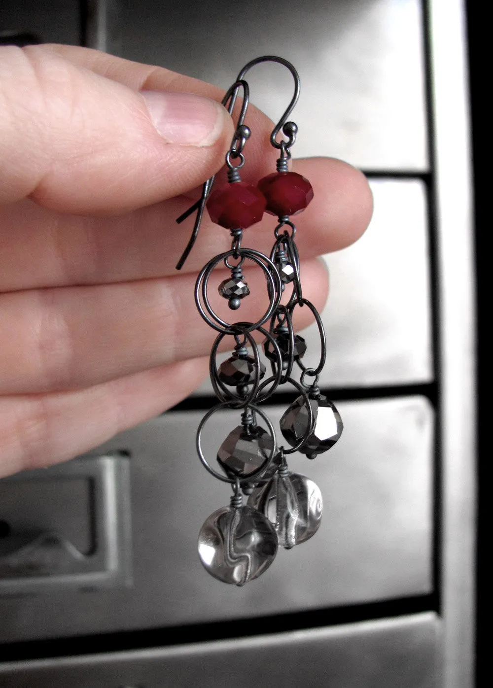 SMOKE & LIPSTICK - Long Chain Earrings with Oxidized Sterling Silver