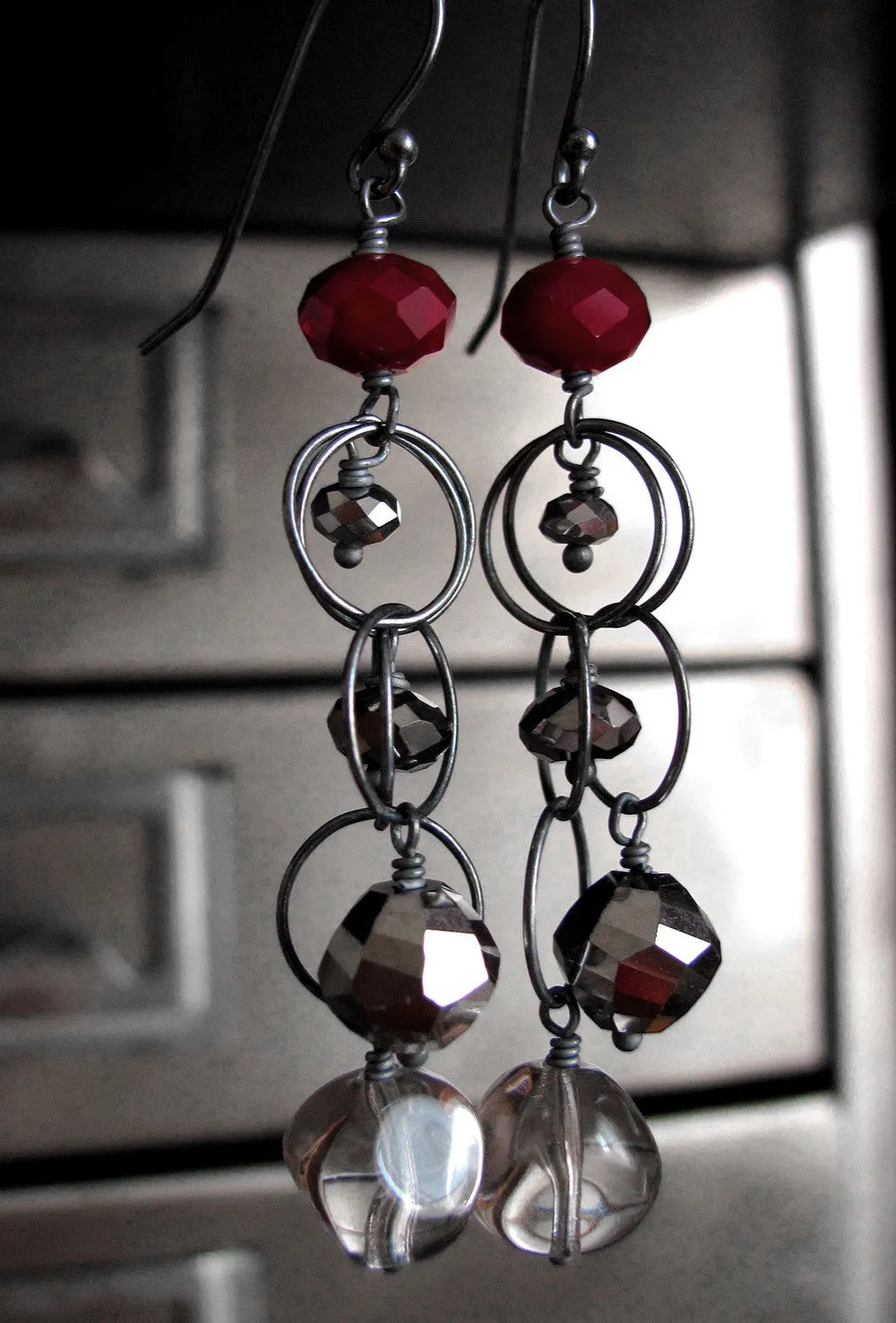 SMOKE & LIPSTICK - Long Chain Earrings with Oxidized Sterling Silver