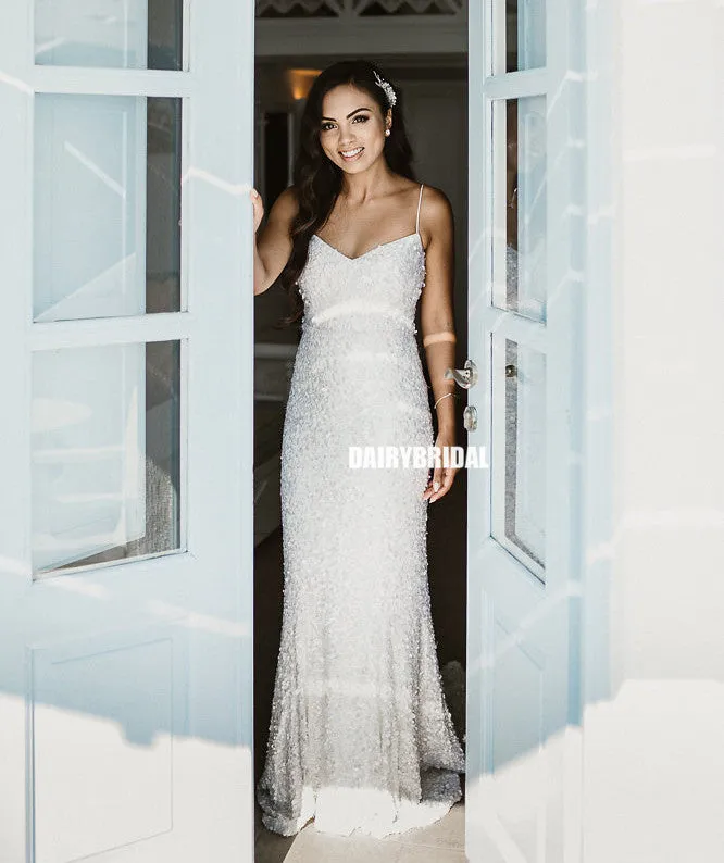 Spaghetti Straps Mermaid Beaded Sequin Backless Charming Wedding Dress, FC1998