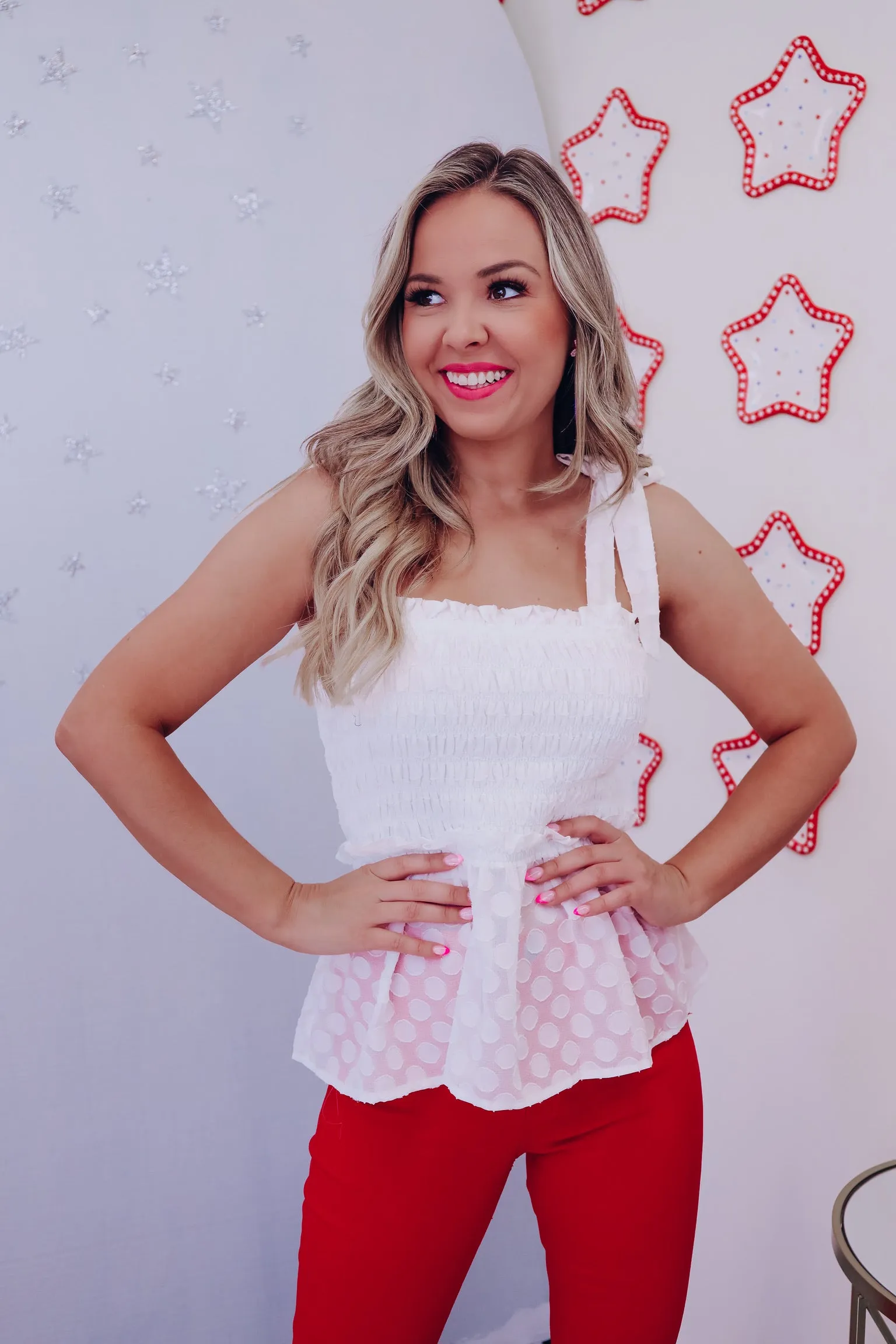 Spot On Smocked Babydoll Top - White