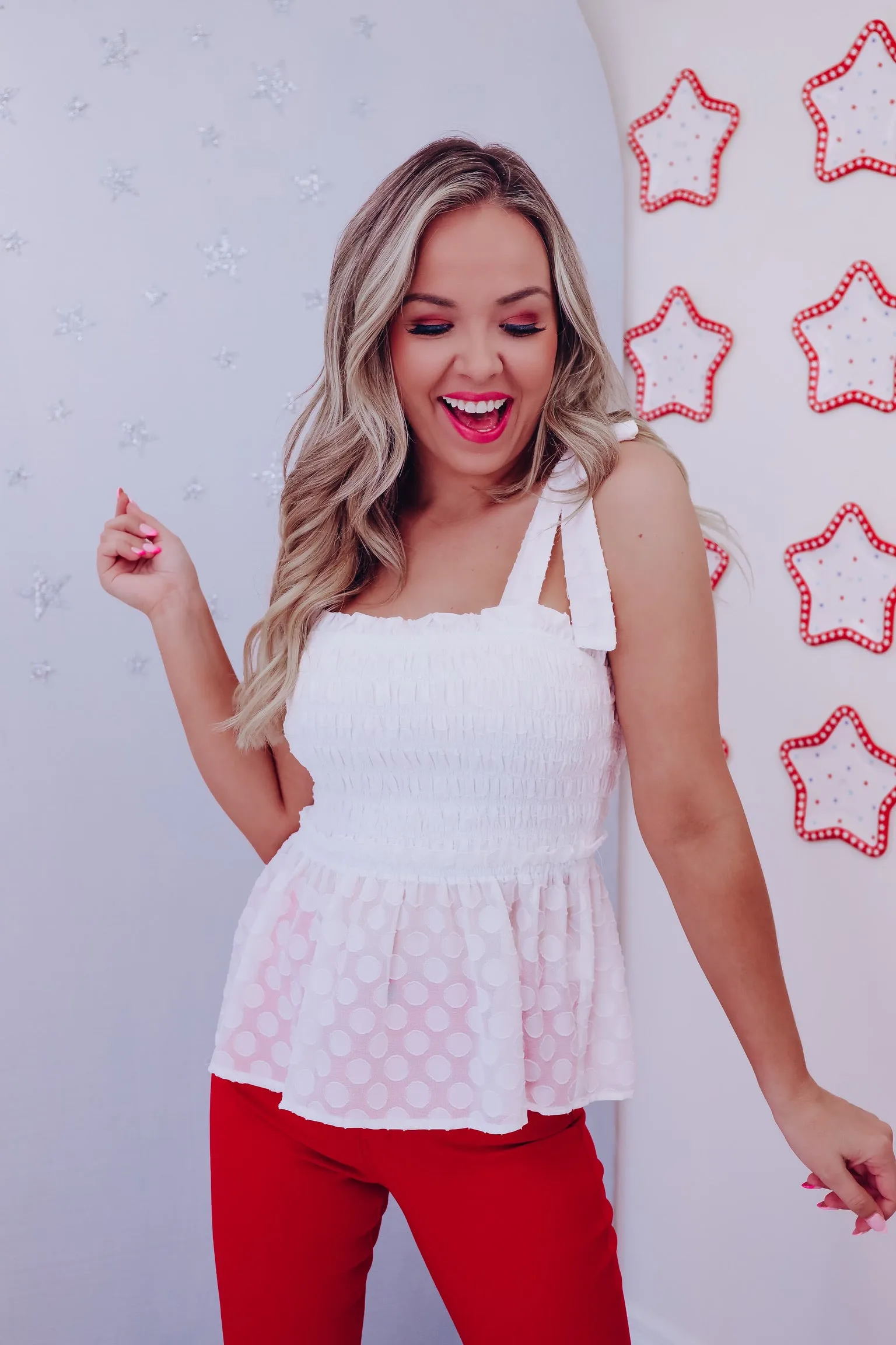 Spot On Smocked Babydoll Top - White