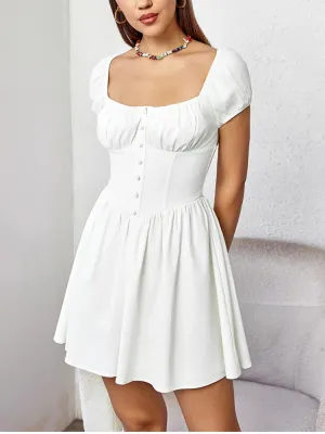 Square-neck Ruched Button Dress