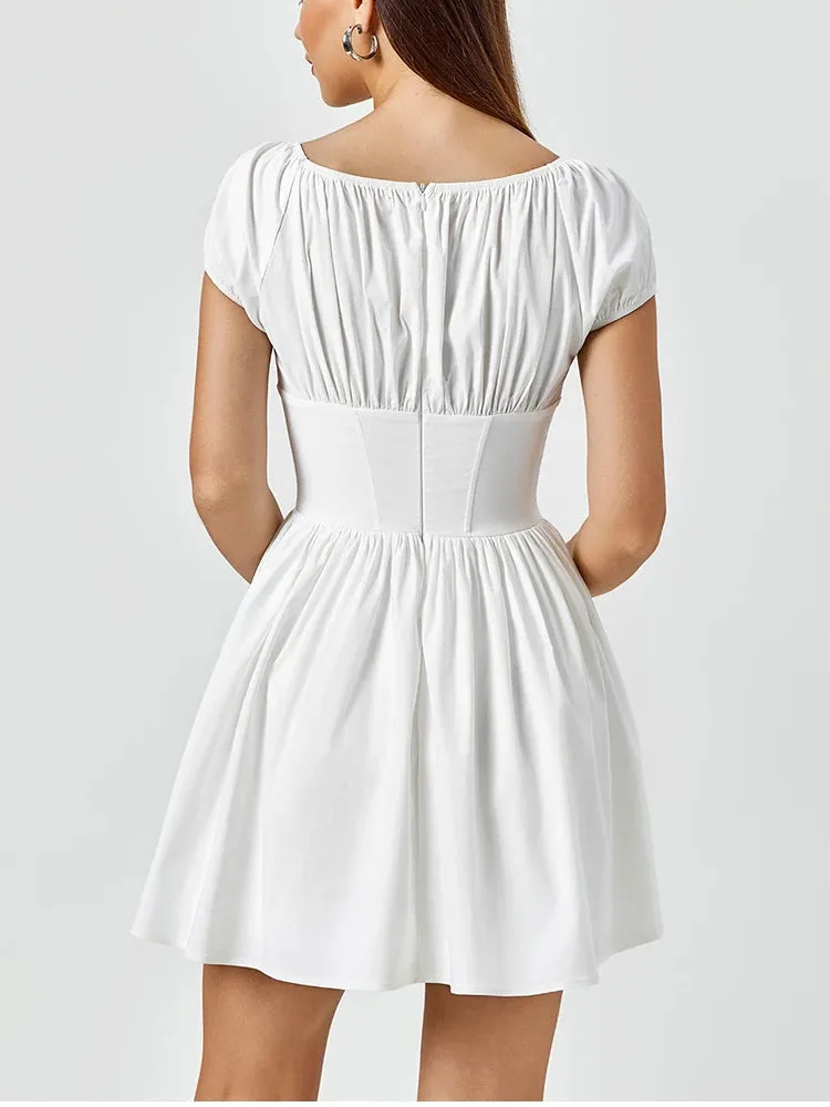 Square-neck Ruched Button Dress