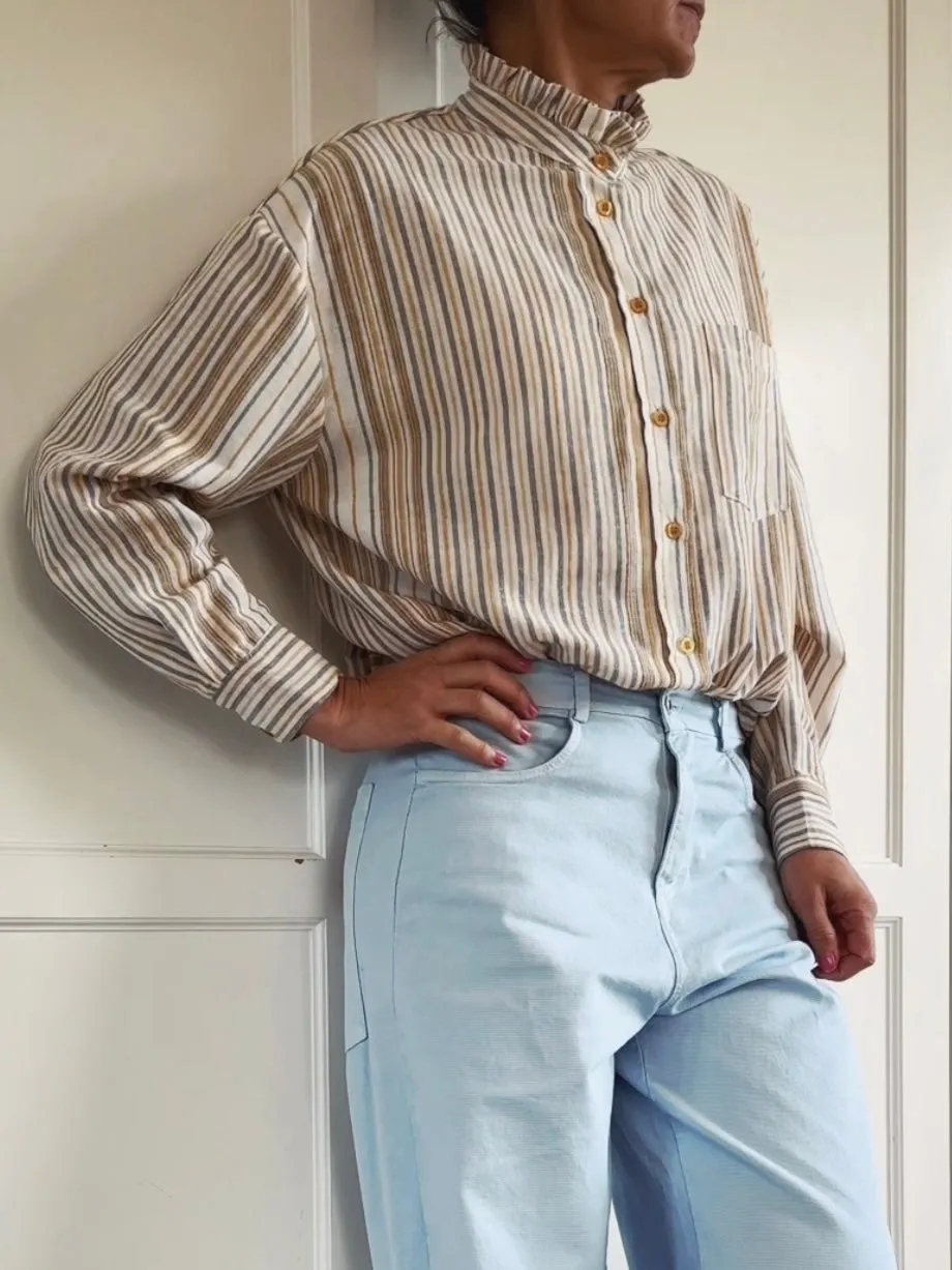 STRIPED SHIRT WITH RUFFLE NECK - OFF WHITE/YELLOW
